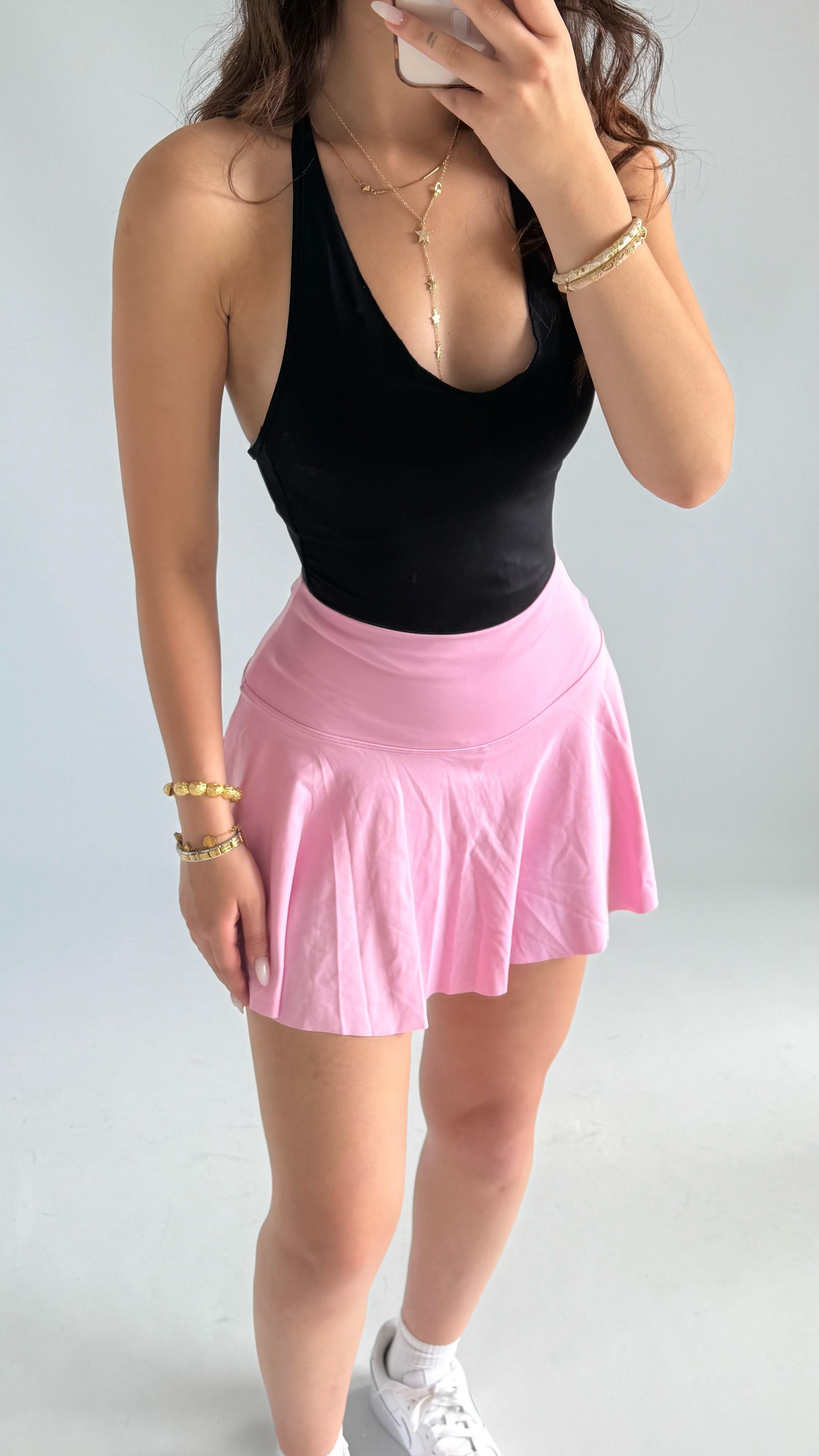 Yüksek Belden Oturmalı Şortlu Etek Pembe