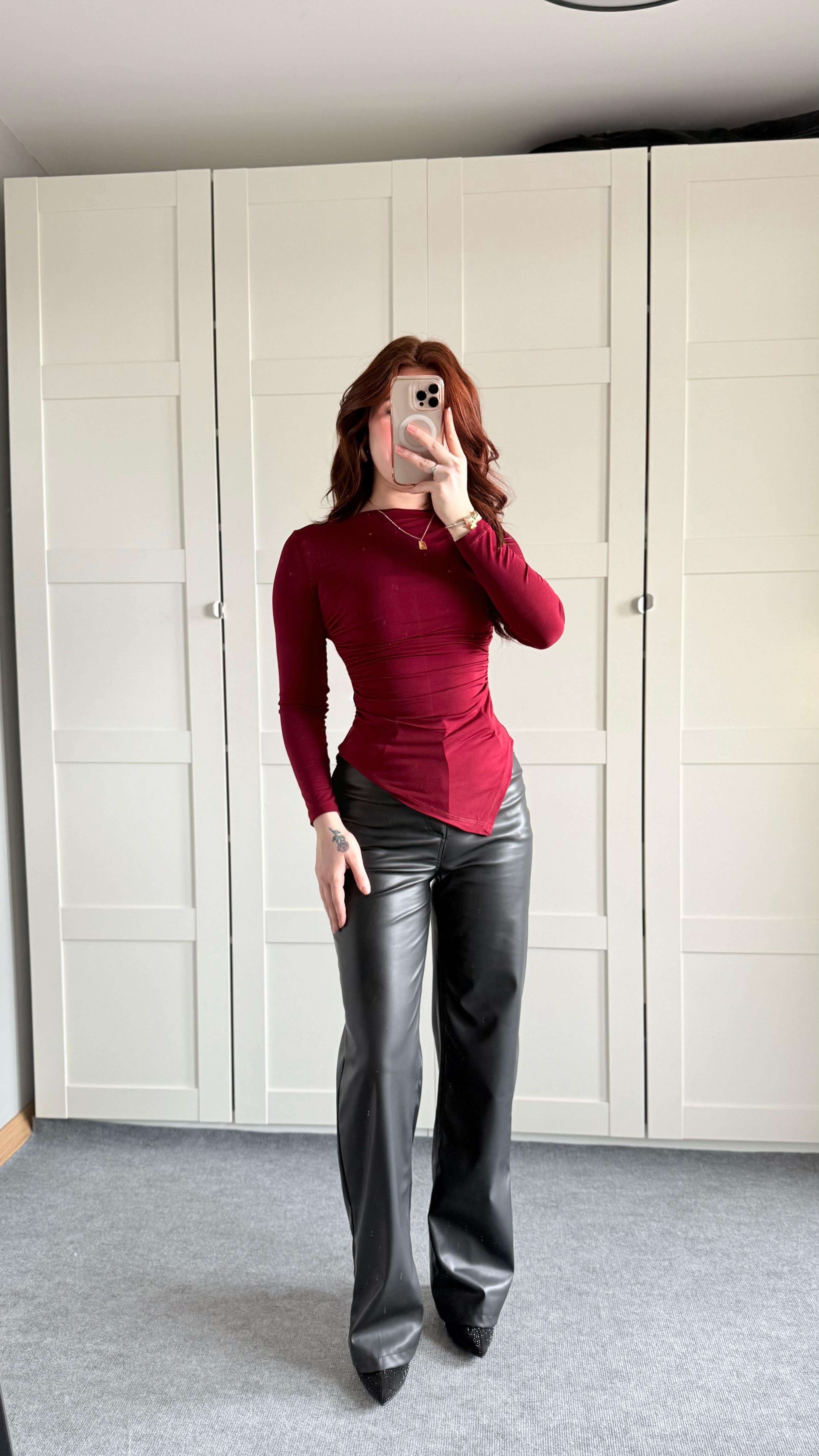 Zara Asimetrik Uzun Kol Bluz Bordo