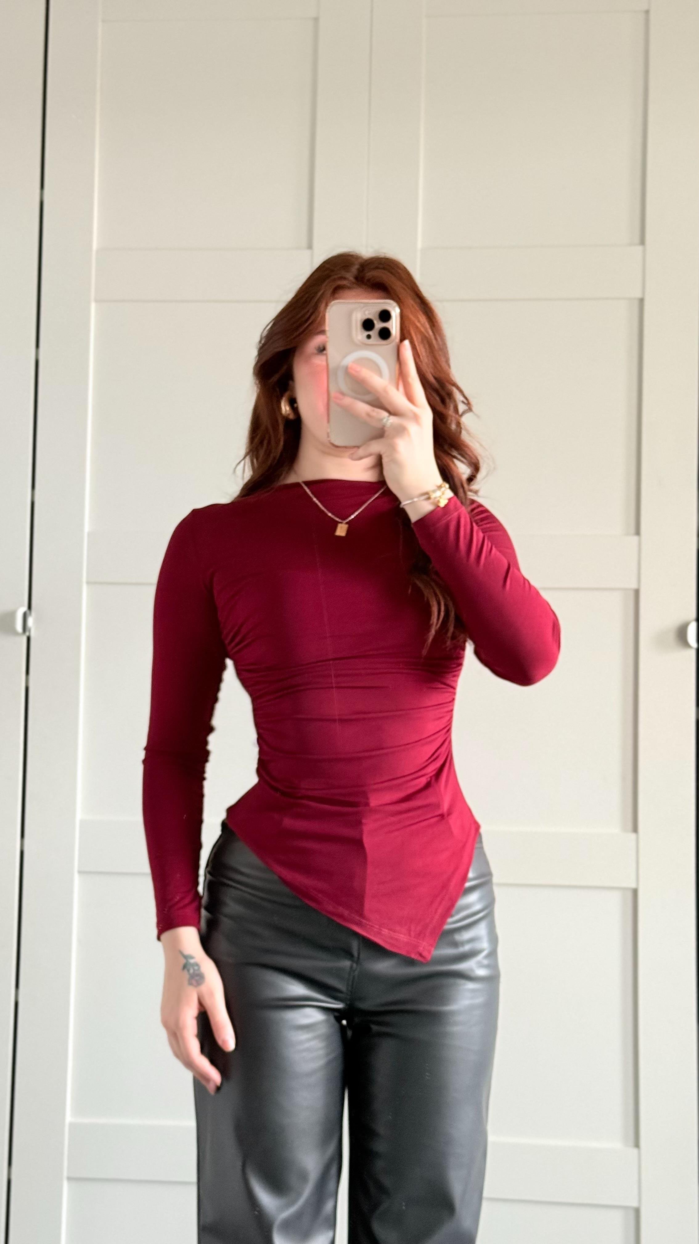 Zara Asimetrik Uzun Kol Bluz Bordo
