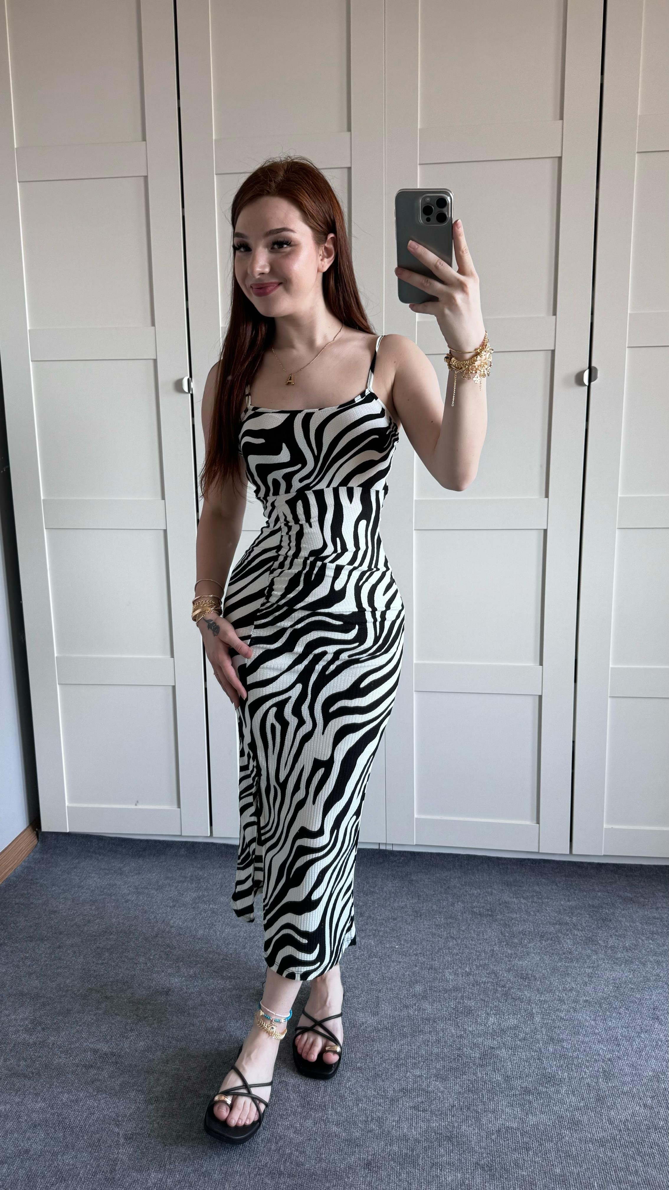 Zebra Askılı Yırtmaçlı Elbise