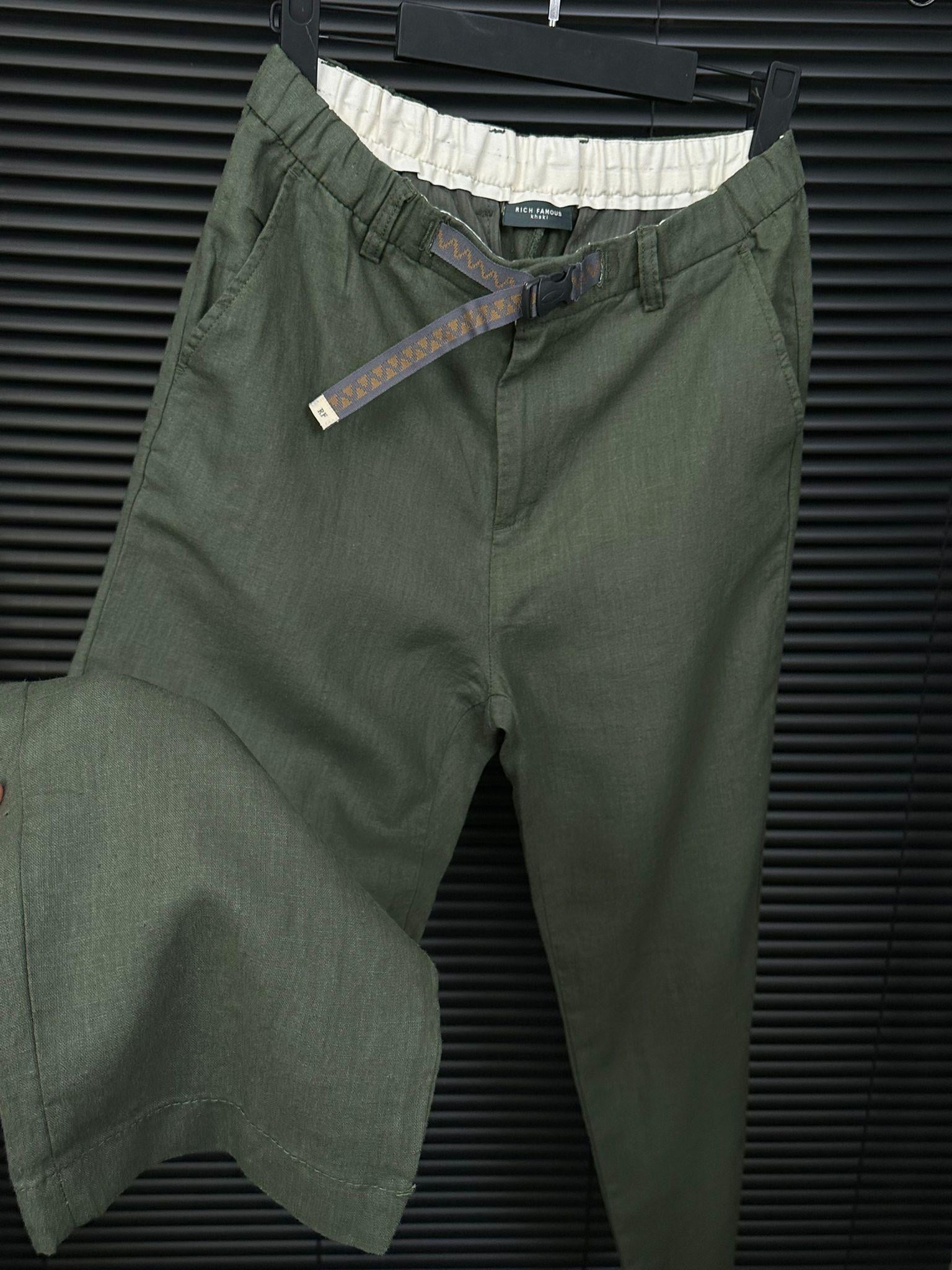 Beli Kemerli Haki Lınen Kumaş Pantolon
