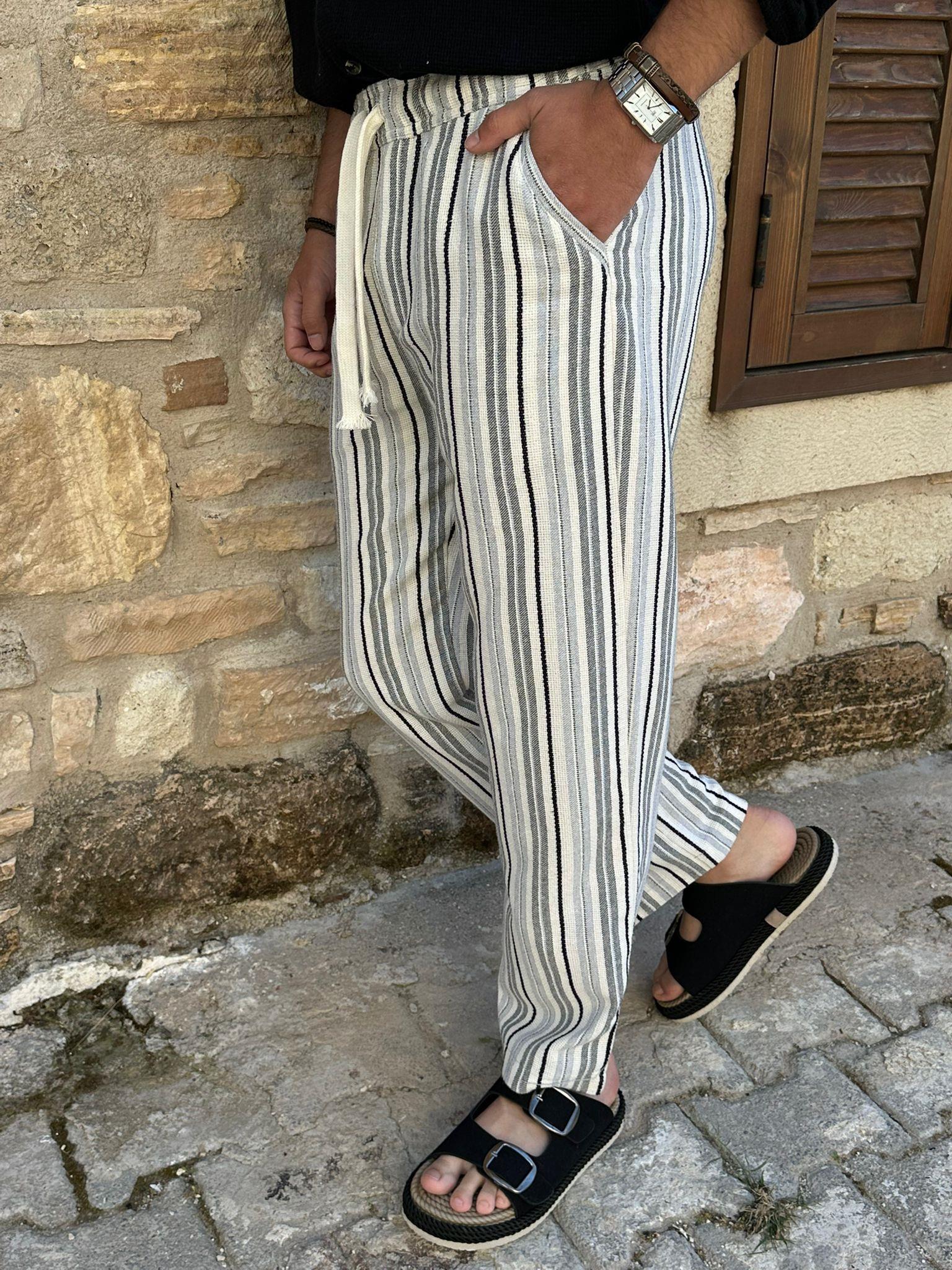 Çizgili %100 Pamuk Pantolon