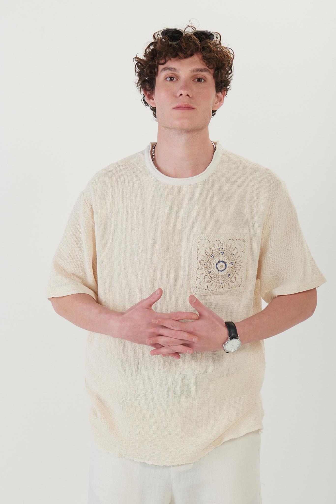 Dantel Cep Baskılı Örgü T-Shirt