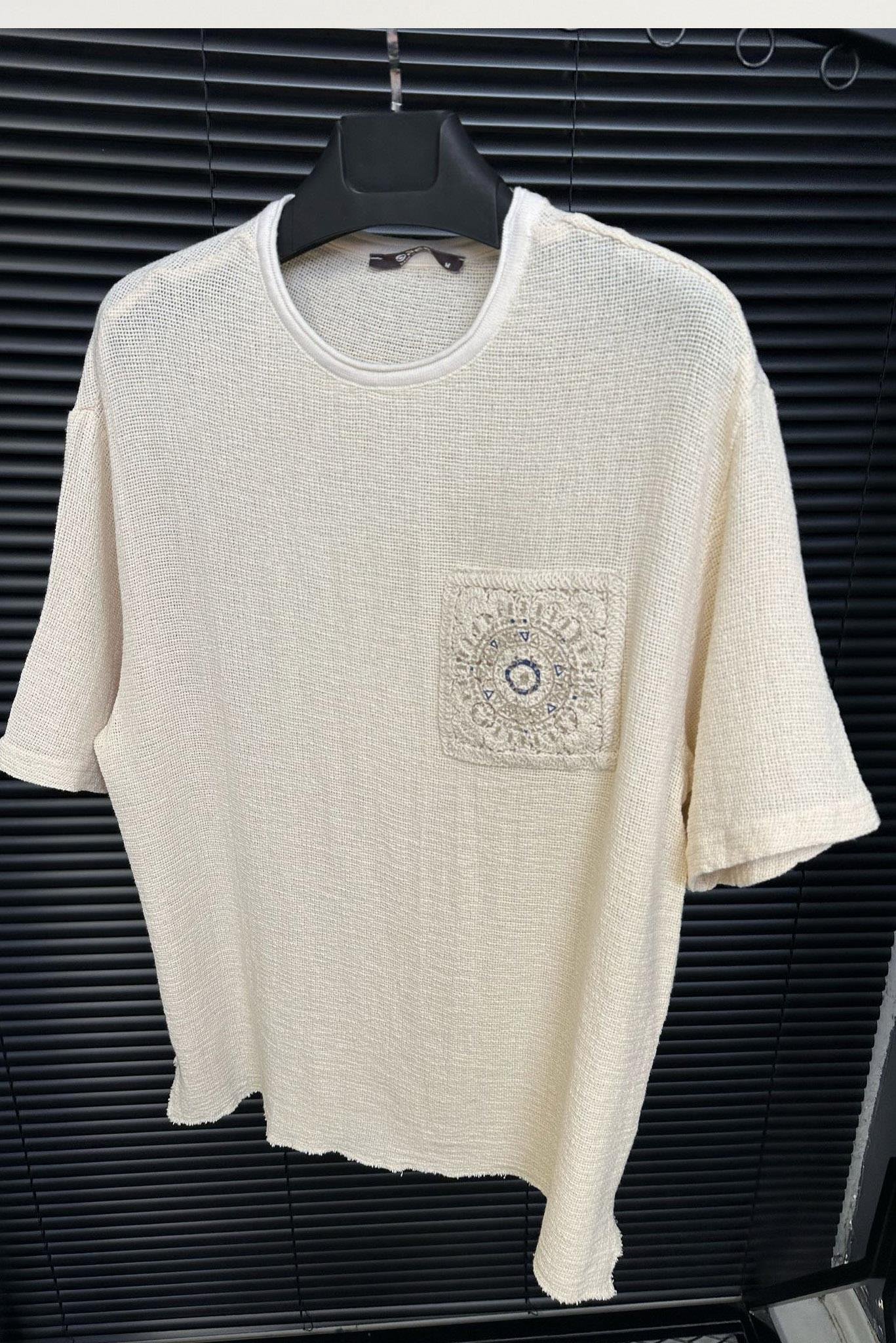 Dantel Cep Baskılı Örgü T-Shirt