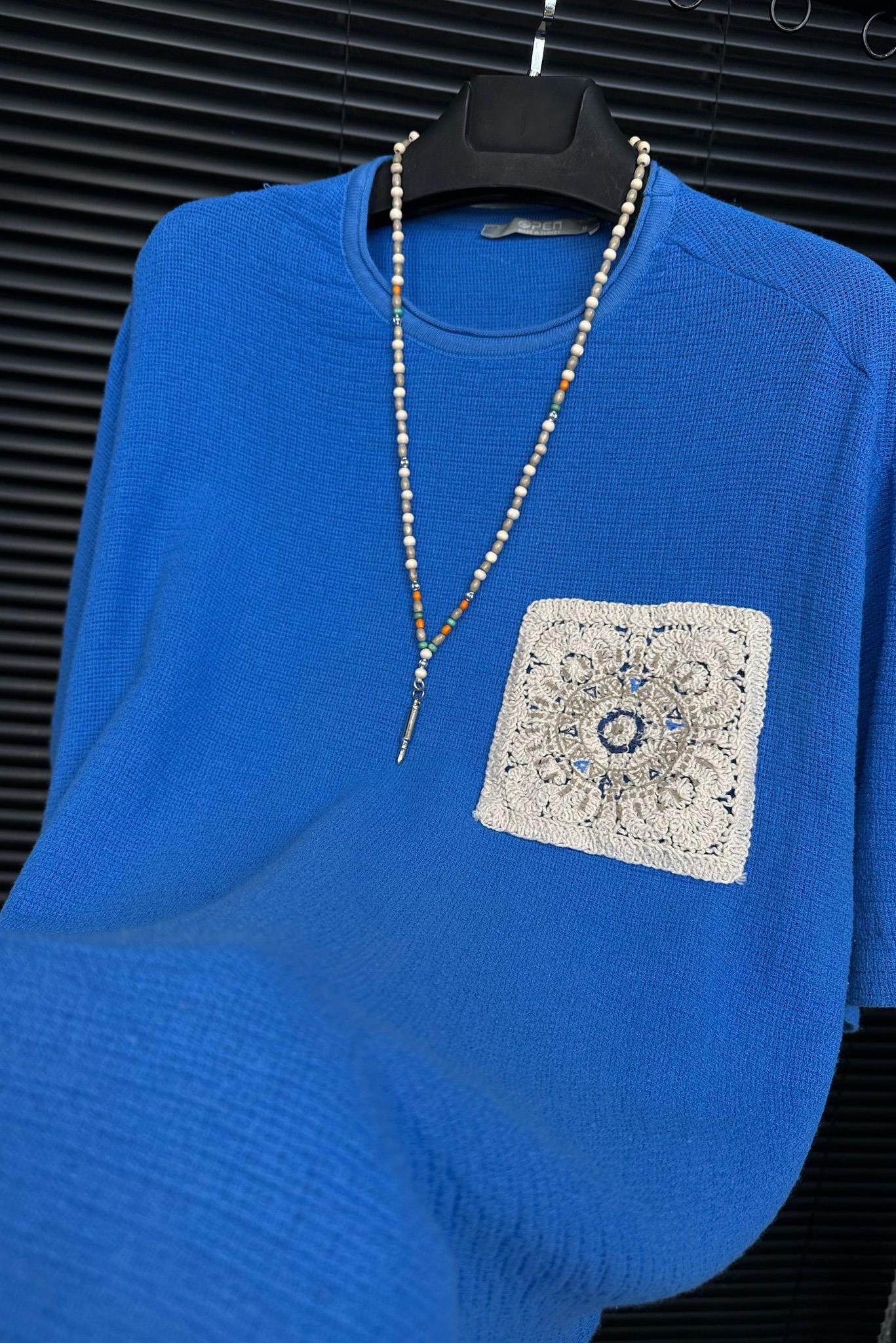 Dantel Cep Baskılı Örgü T-Shirt