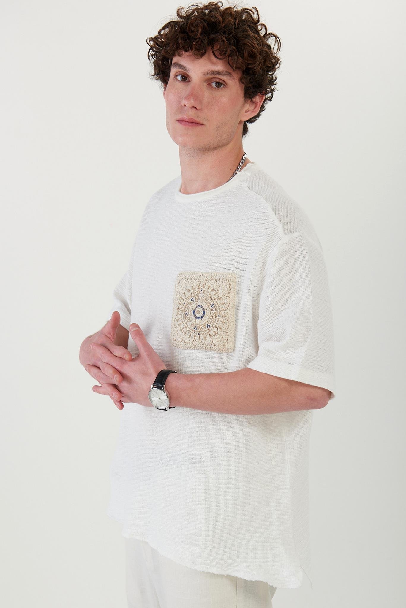 Dantel Cep Baskılı Örgü T-Shirt