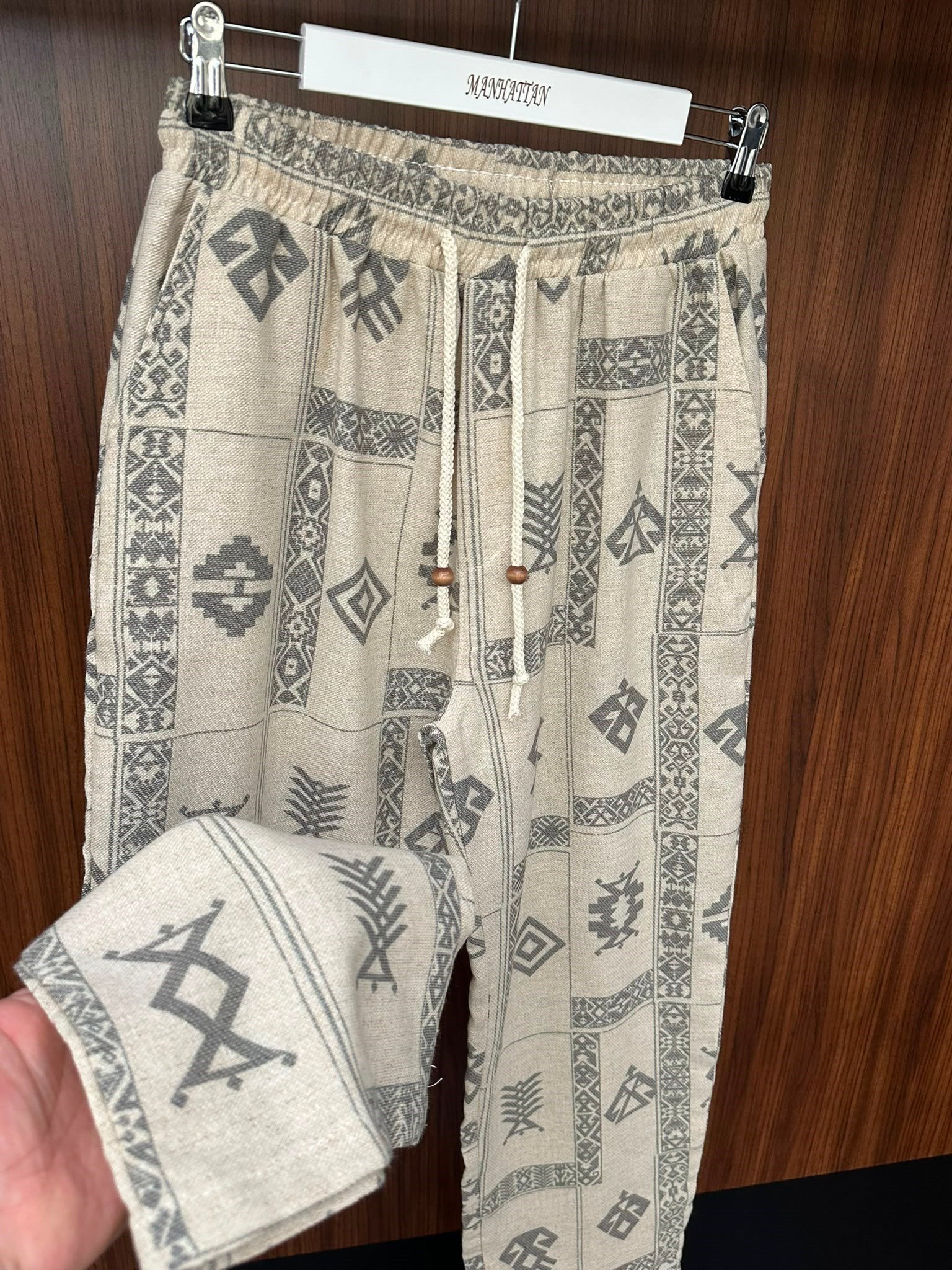 Etnik Desenli Keten Baggy Pantolon