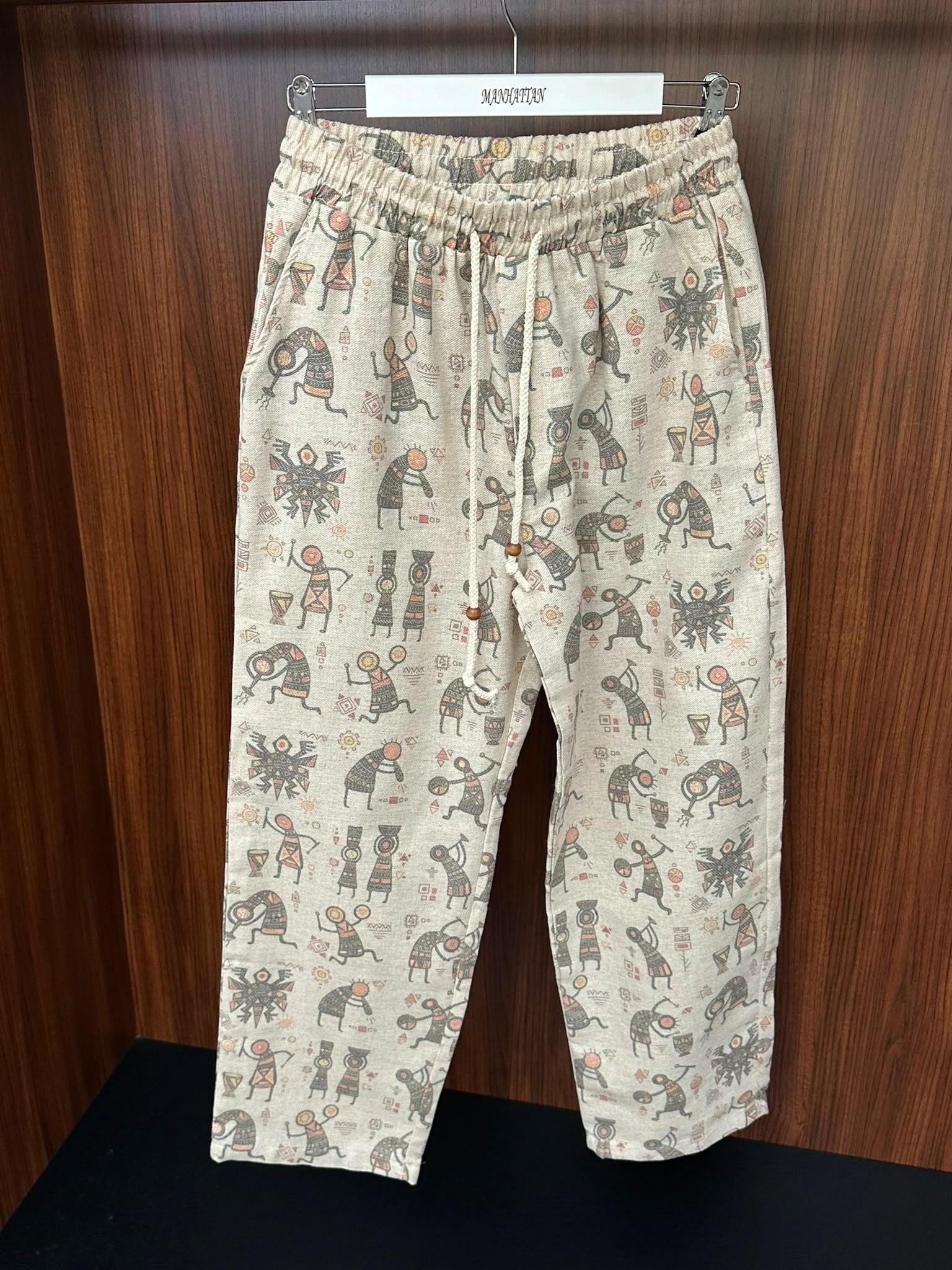 Etnik Desenli Keten Baggy Pantolon