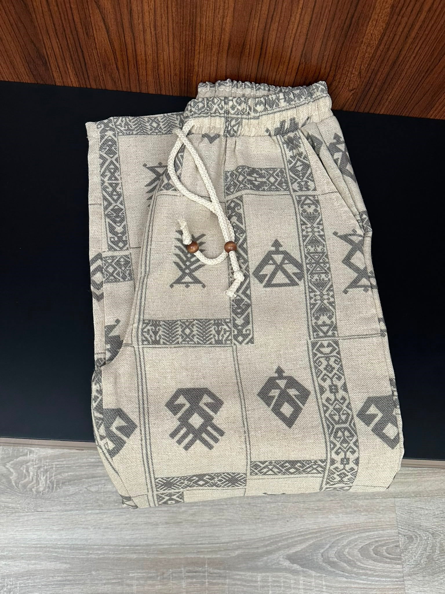 Etnik Desenli Keten Baggy Pantolon