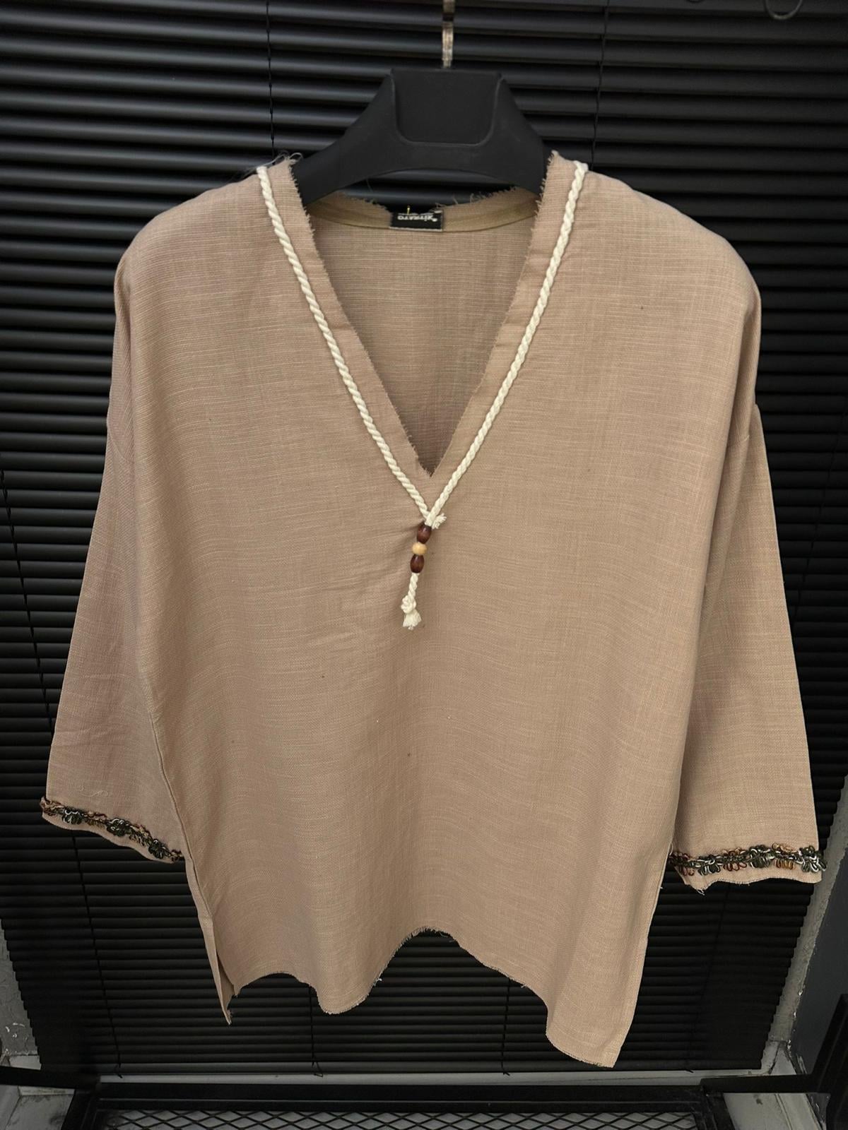 Hekabe İpli V Yaka Oversize Keten T-Shirt - Sütlü Kahve