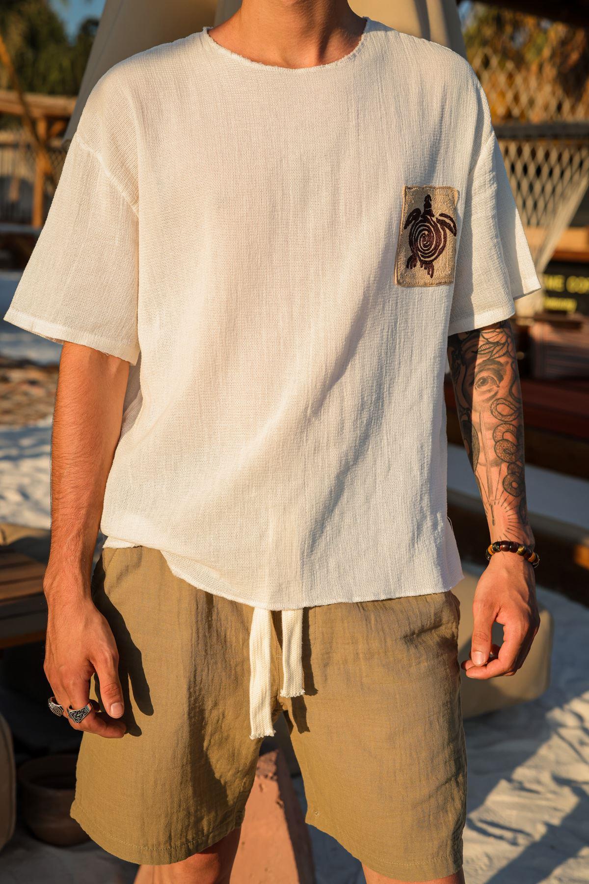 Kaplumbağa Logolu %100 Pamuk Oversize T-Shirt - Bej