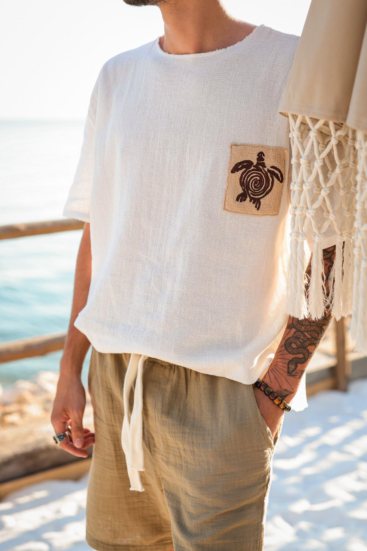 Kaplumbağa Logolu %100 Pamuk Oversize T-Shirt - Bej