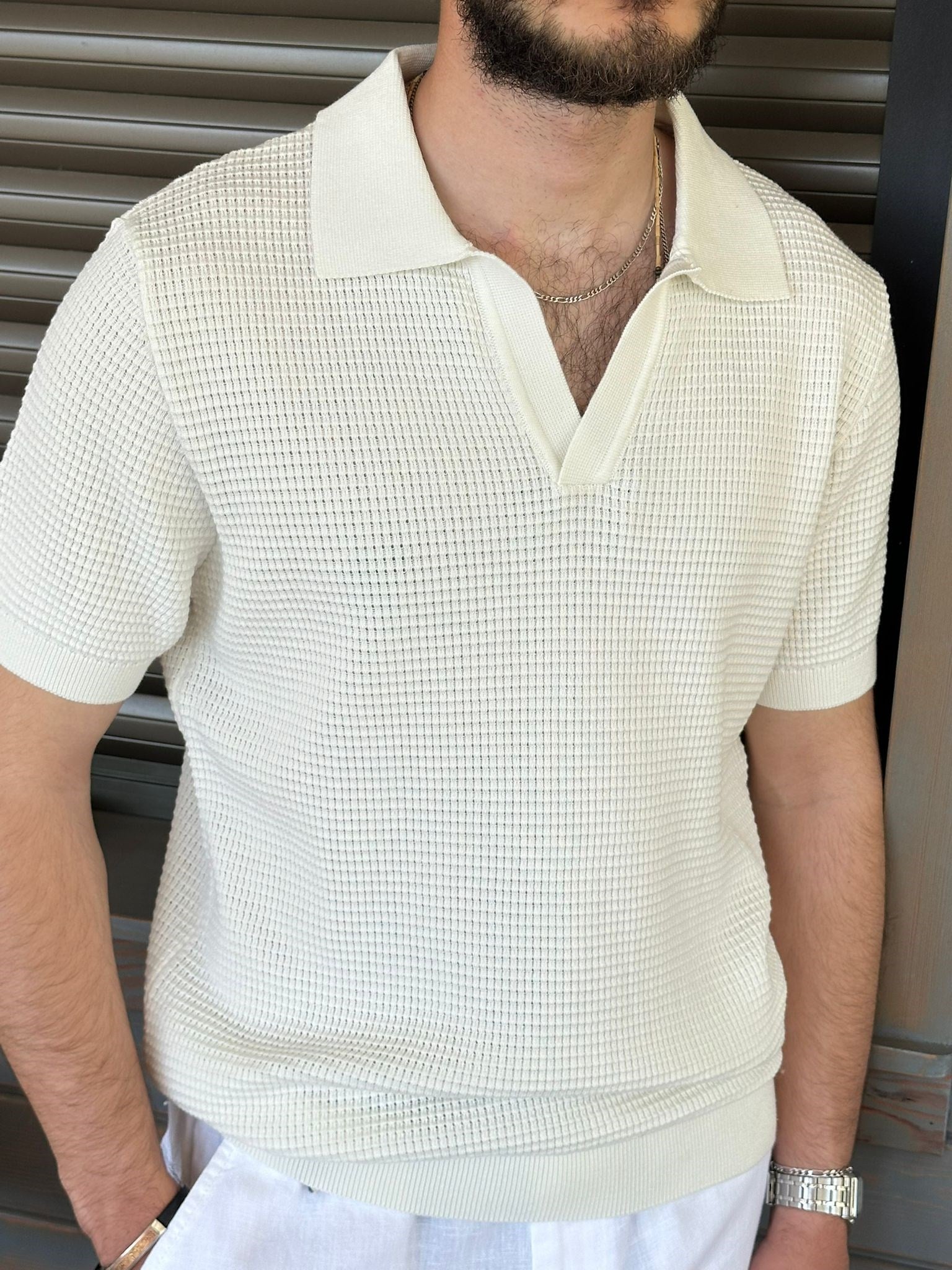 Pirinç Örme Yakalı Triko T-Shirt