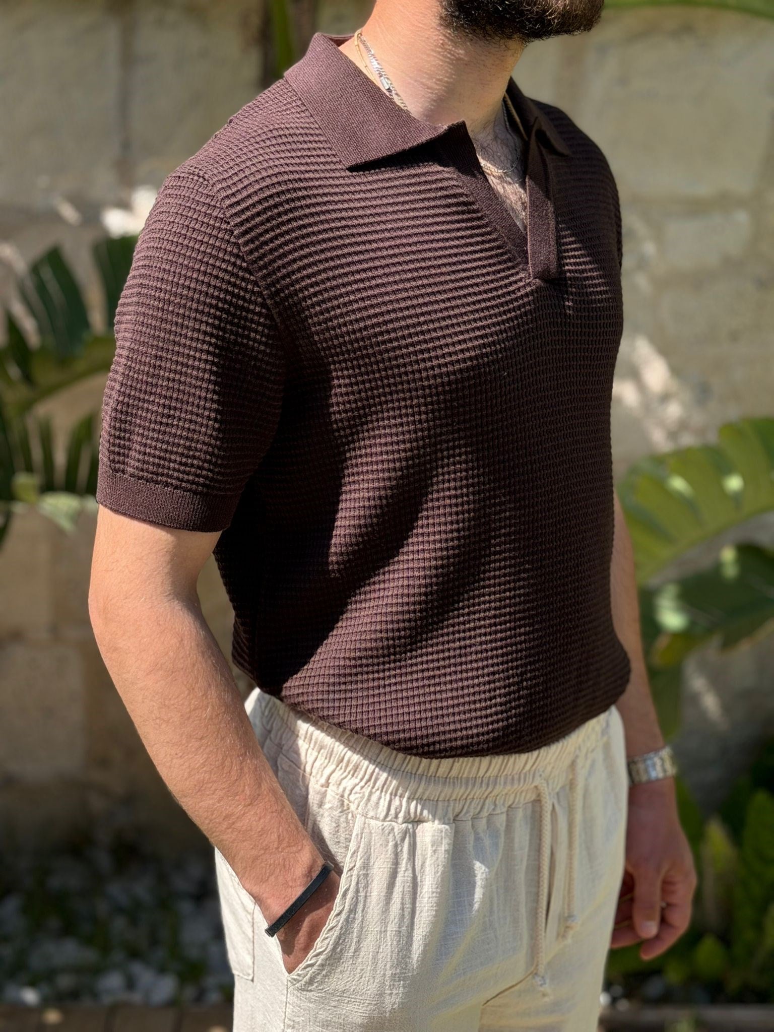 Pirinç Örme Yakalı Triko T-Shirt