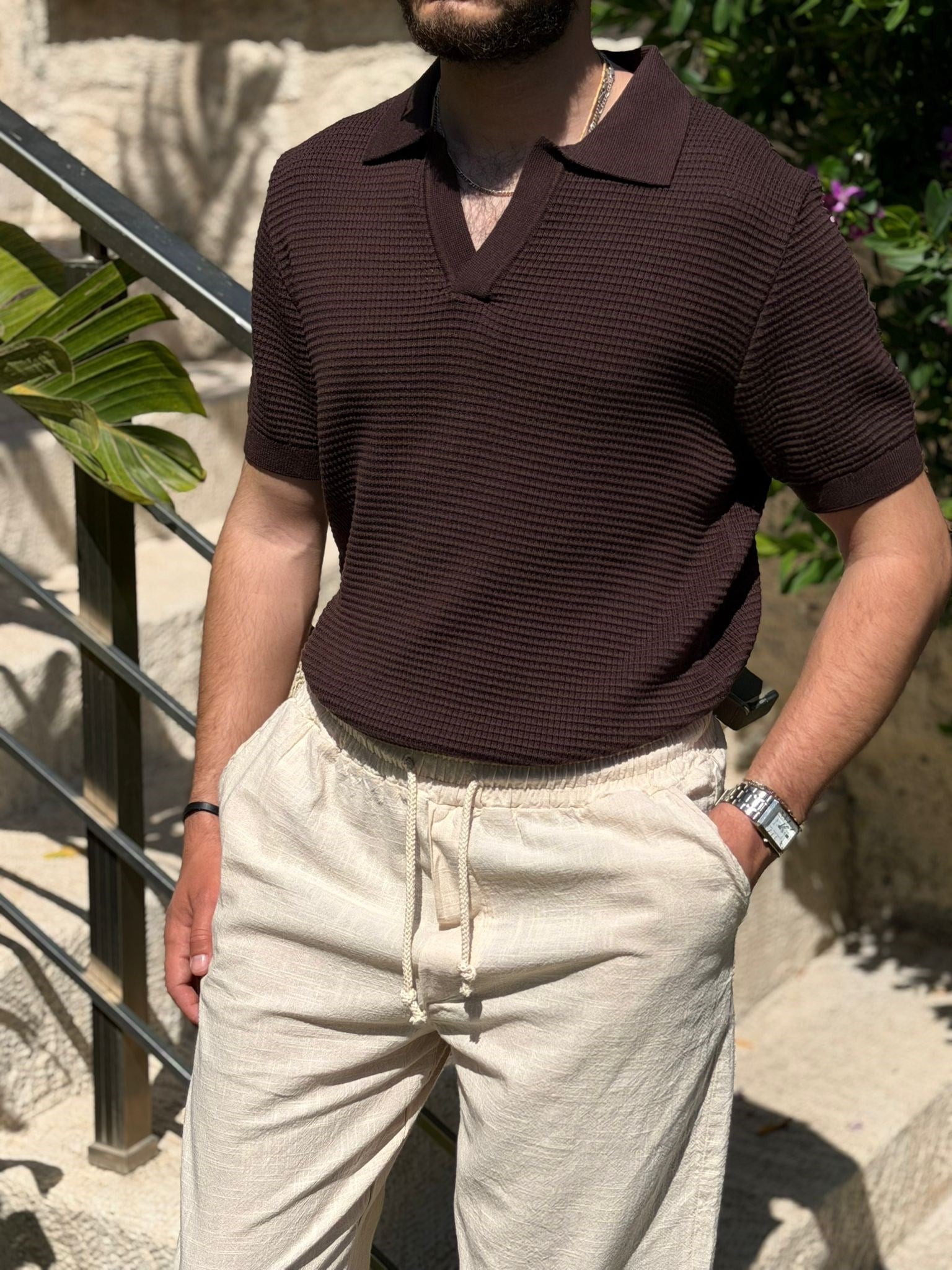 Pirinç Örme Yakalı Triko T-Shirt