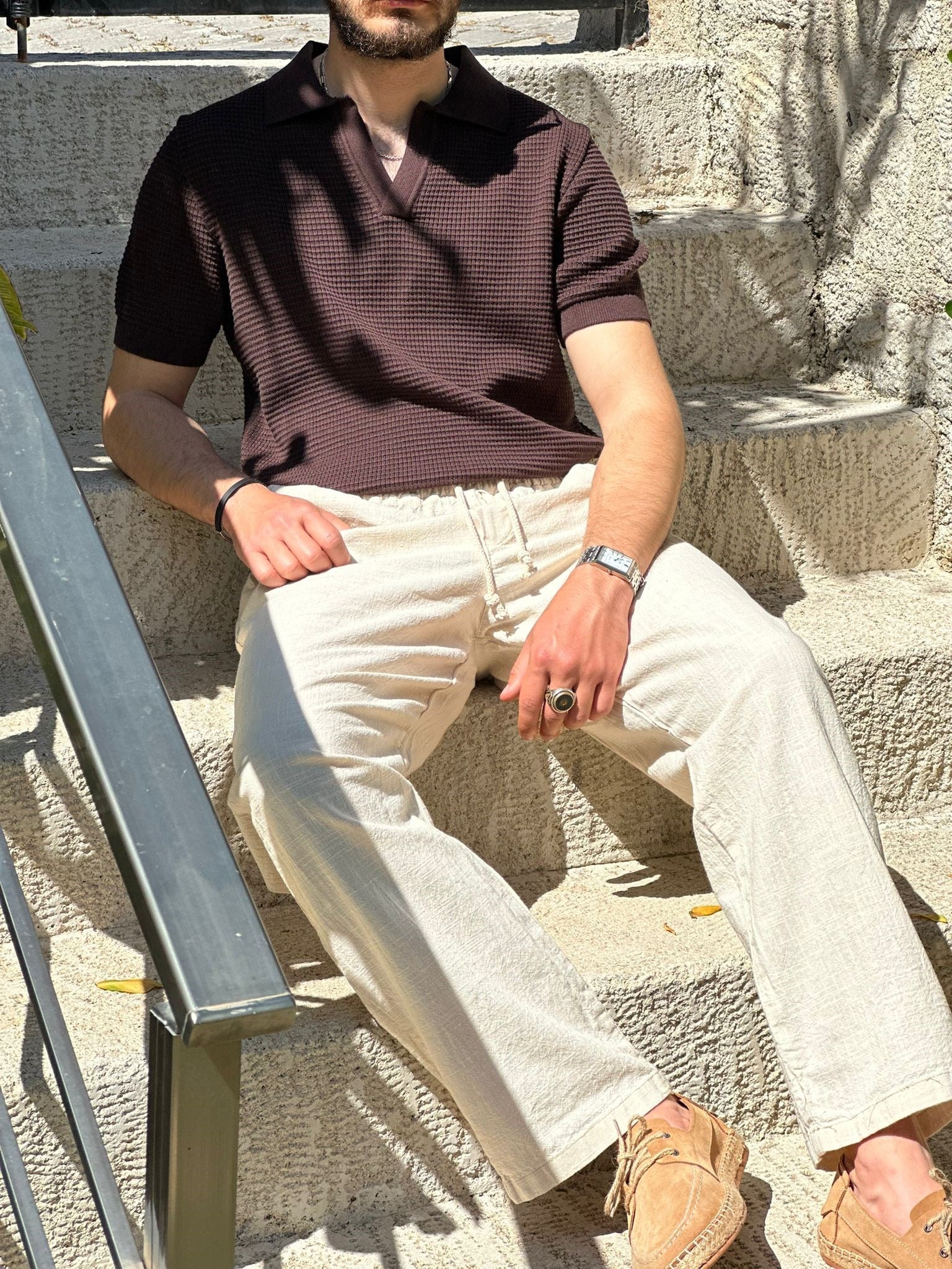 Pirinç Örme Yakalı Triko T-Shirt