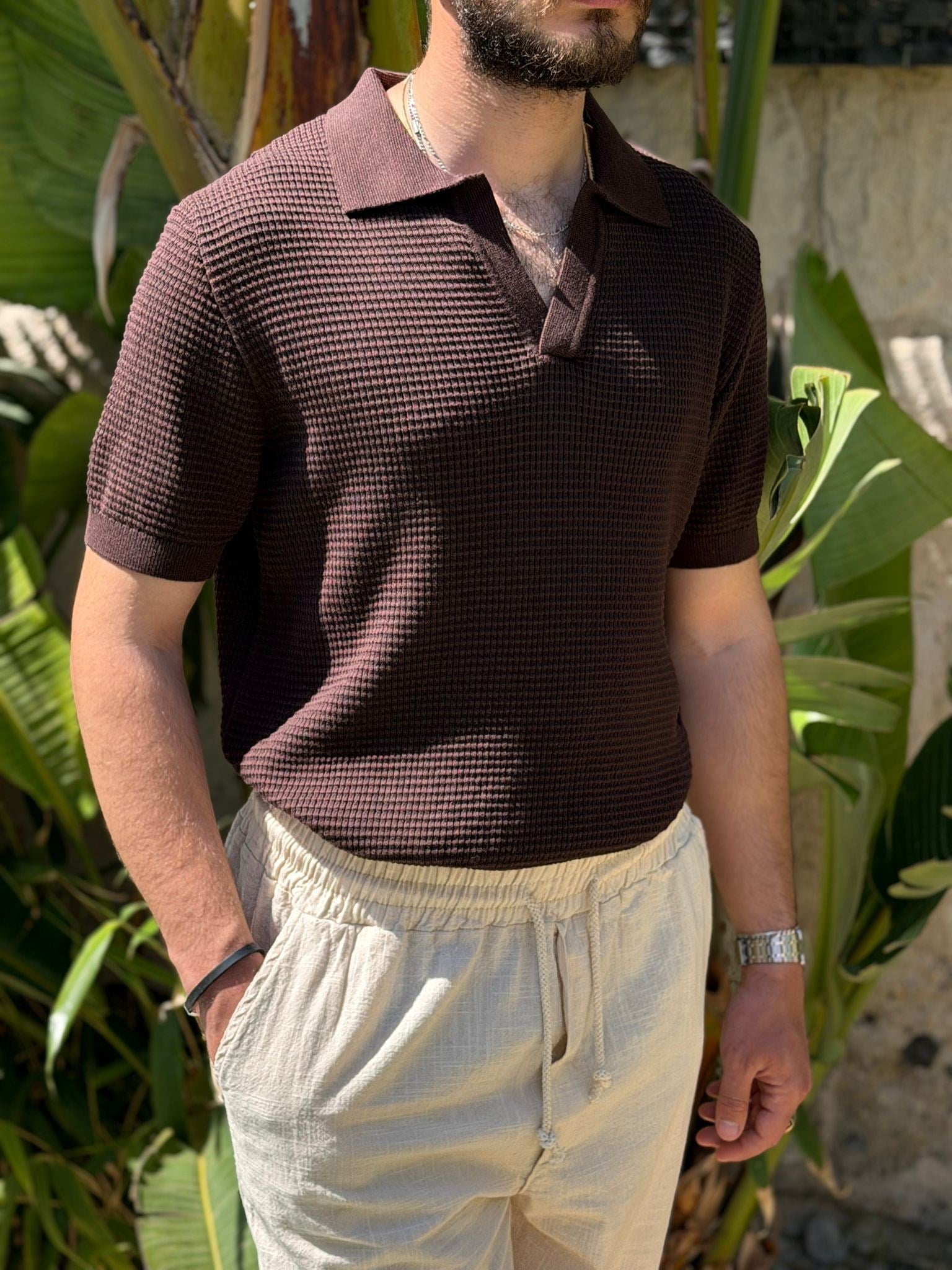 Pirinç Örme Yakalı Triko T-Shirt