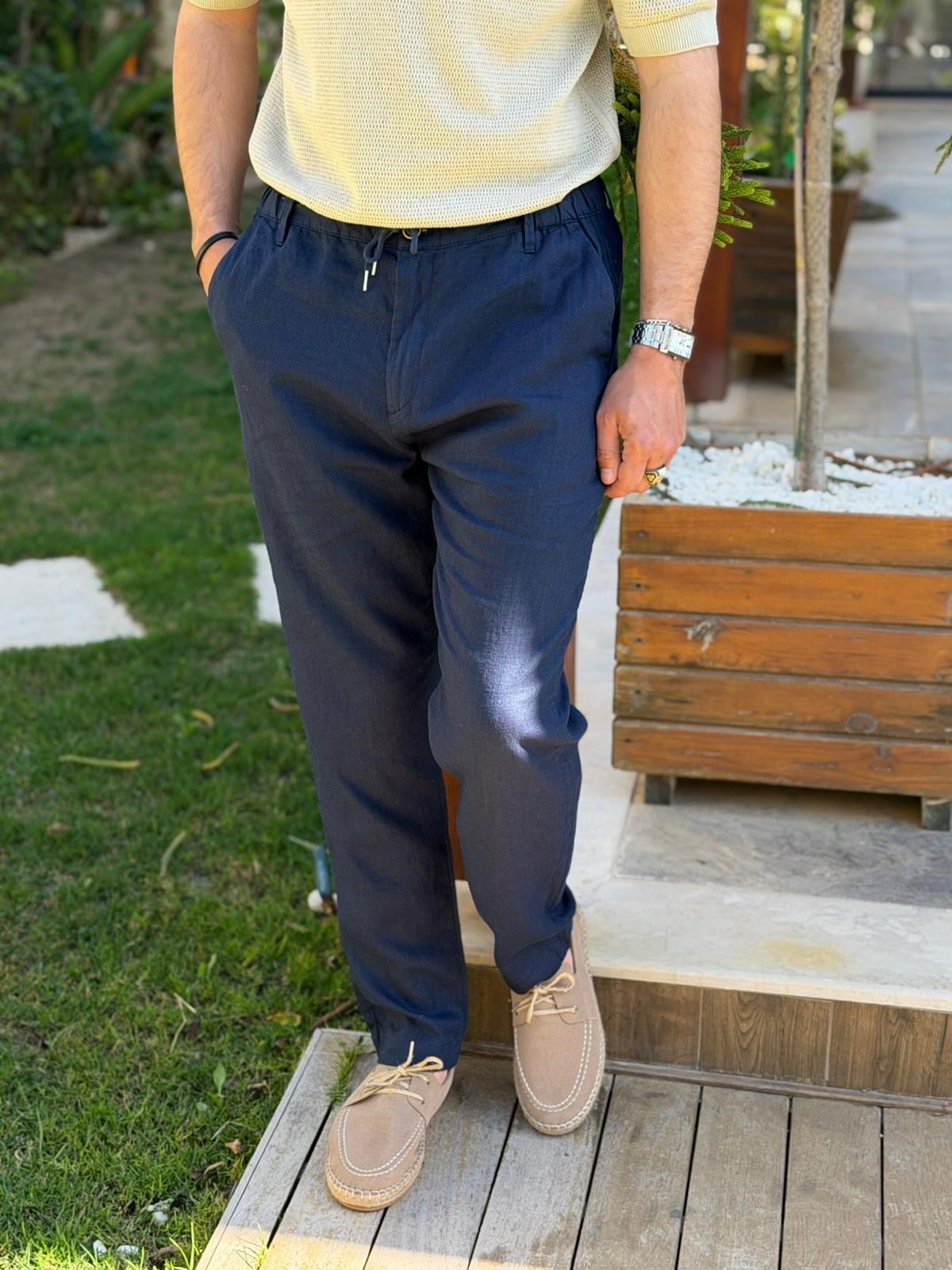 Saf Keten Beli Lastikli İpli Pantolon