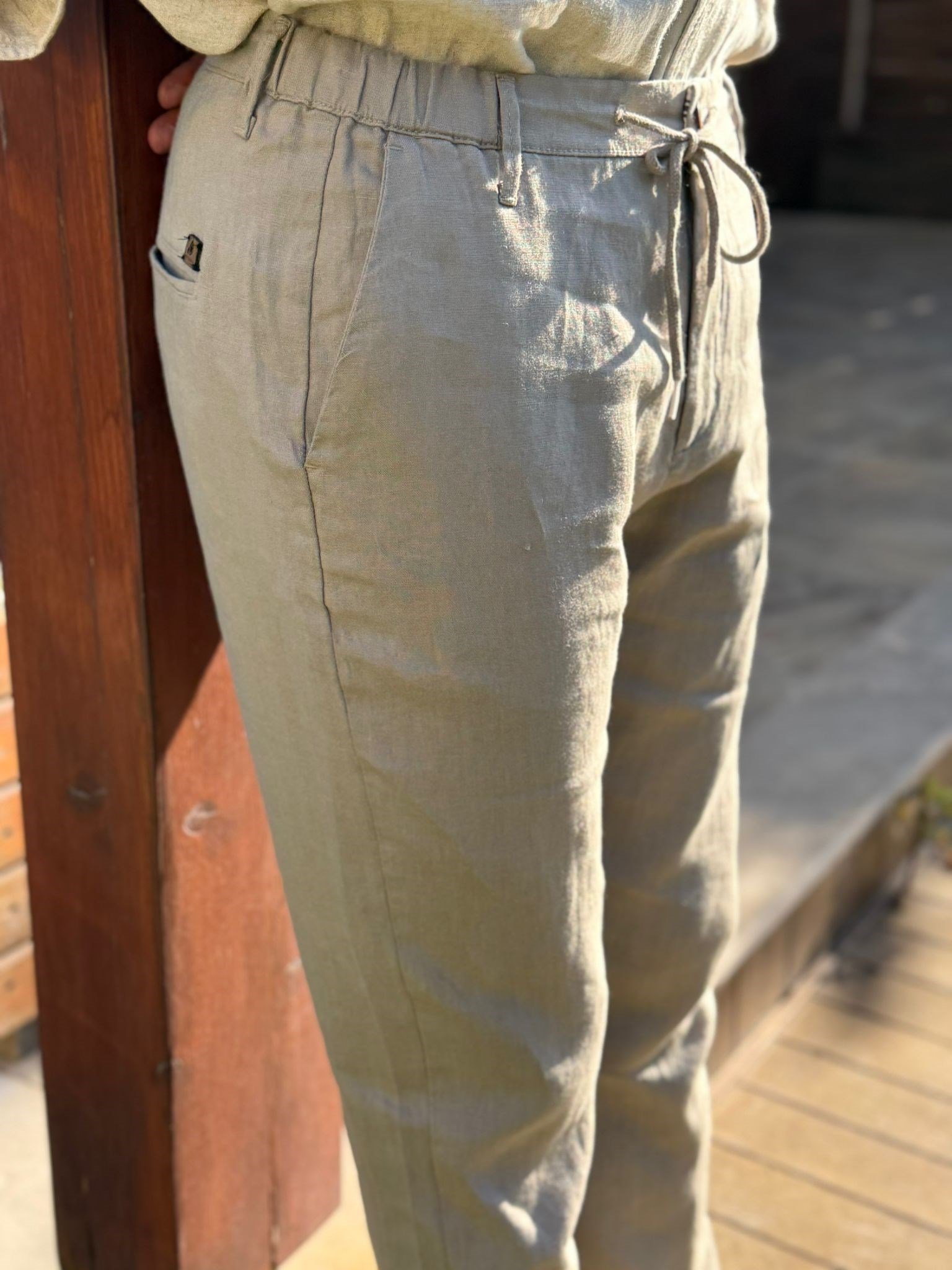 Saf Keten Beli Lastikli İpli Pantolon