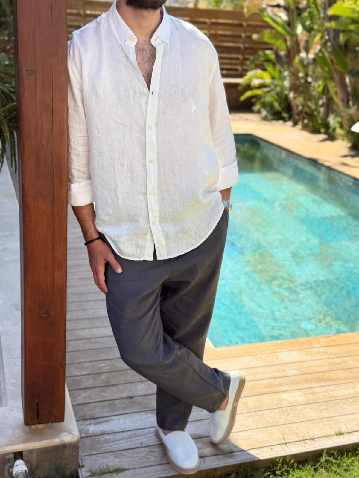 Yakalı Relax Fit Basic %100 Saf Keten Gömlek