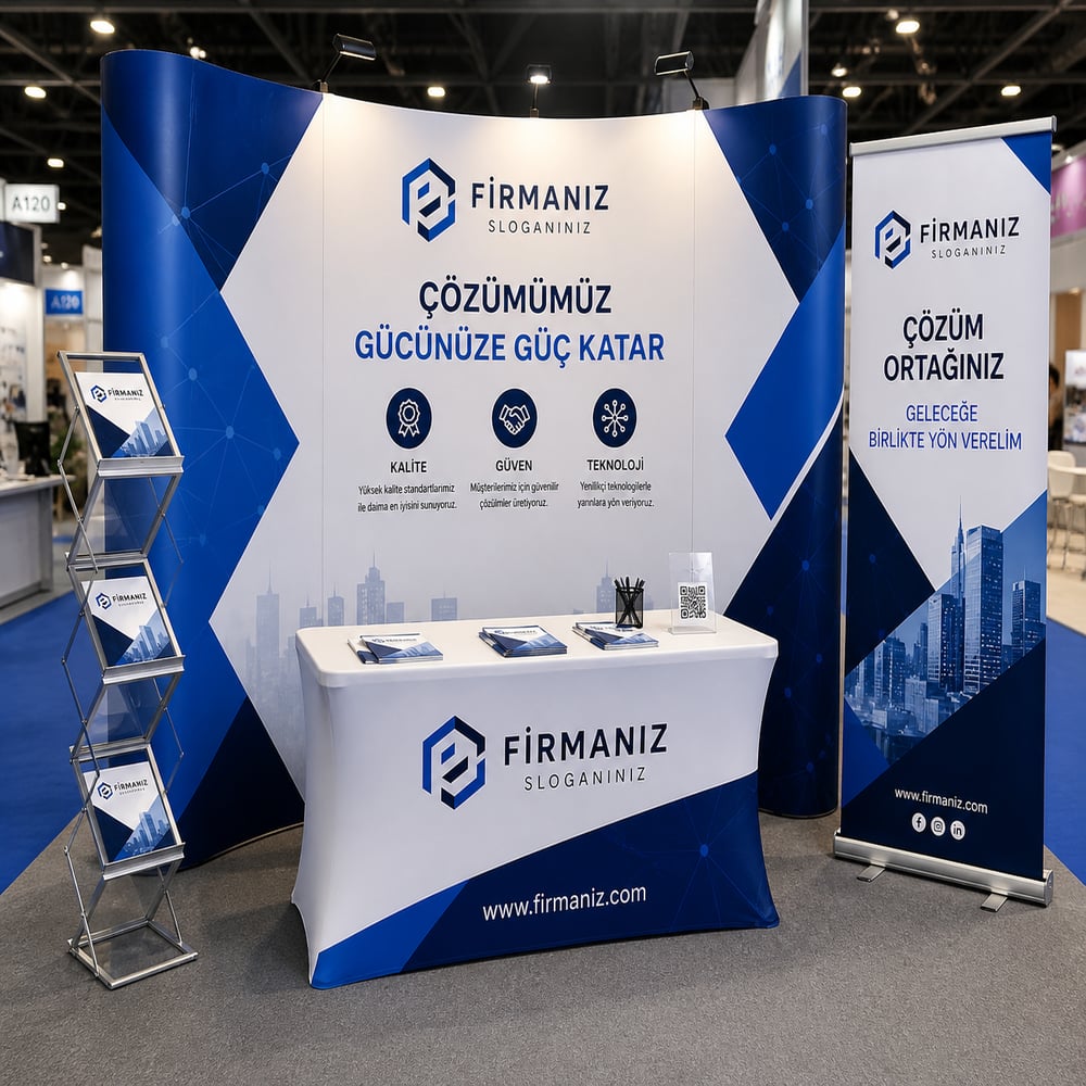 3 Panel Örümcek Full Fuar Stand Seti (Roll-Up + Zigzag Broşürlük + Masa Örtüsü)