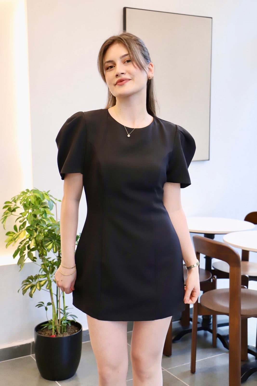 Balon Kol Mini Elbise - Siyah