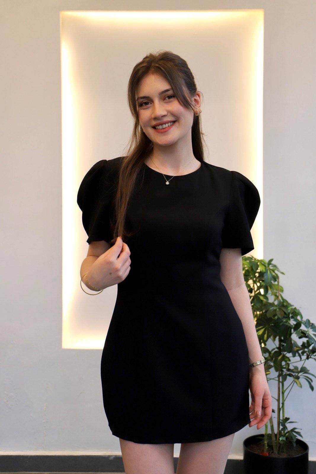 Balon Kol Mini Elbise - Siyah
