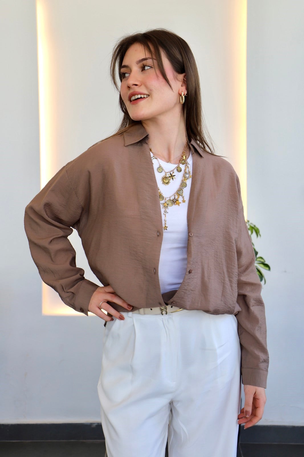 Basic Oversize Gömlek - Kahve