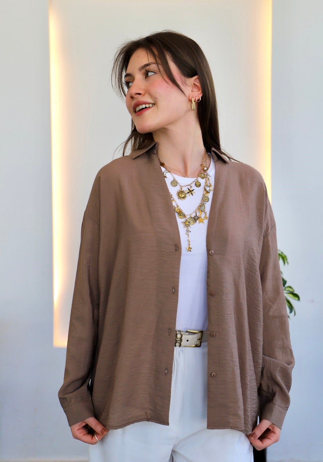 Basic Oversize Gömlek - Kahve