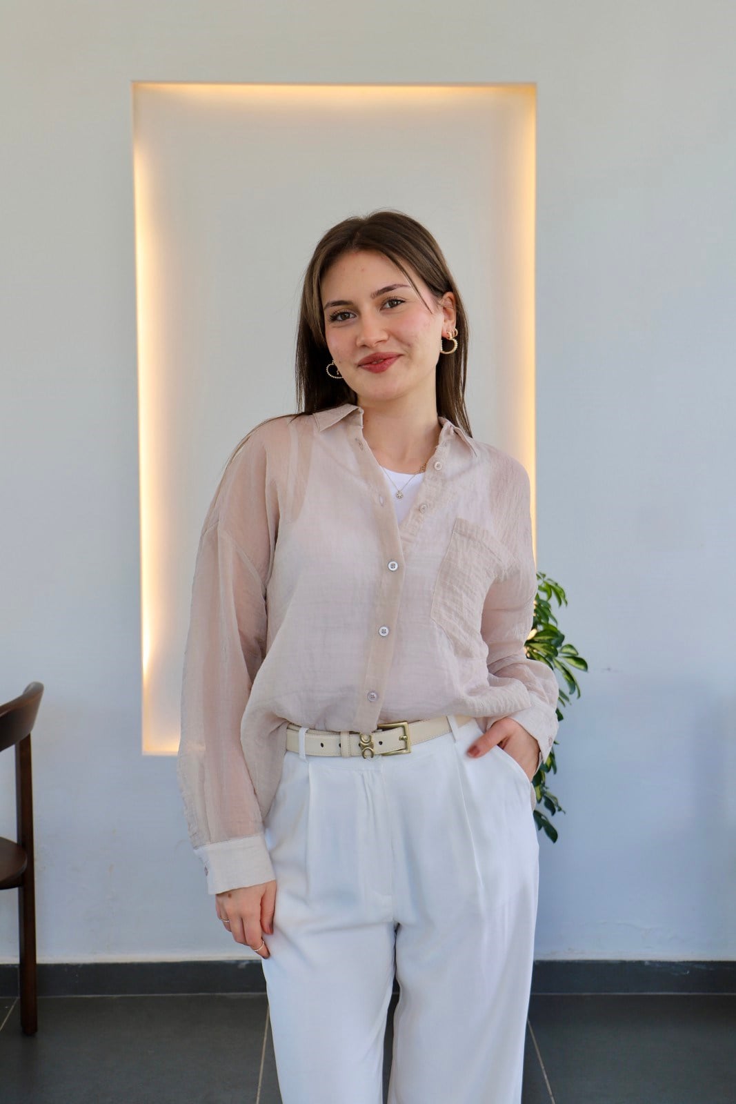 Basic Transparan  Gömlek - Bej