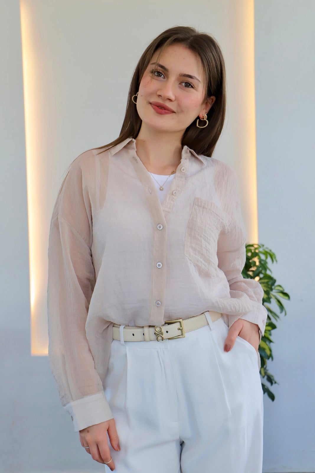 Basic Transparan  Gömlek - Bej