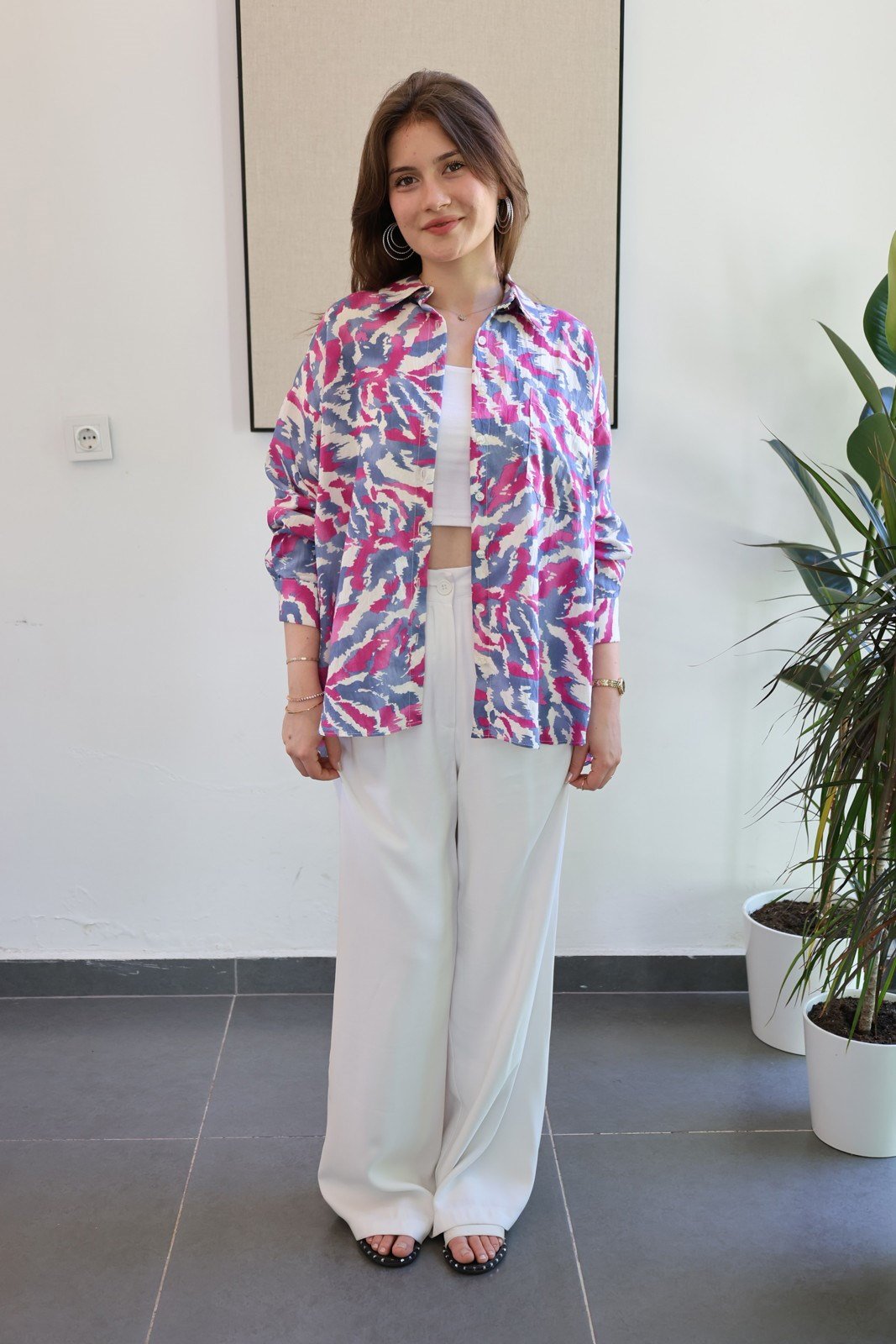 Batik Desen Tiril Kumaş Oversize Gömlek - Fuşya