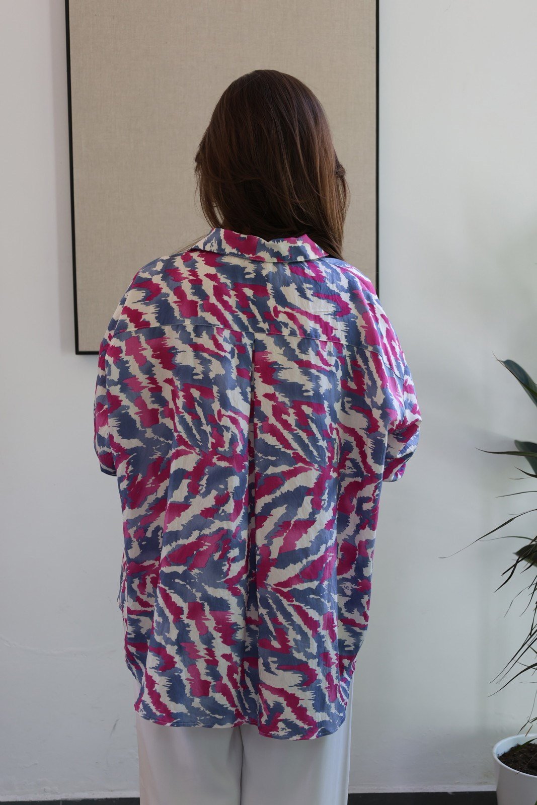 Batik Desen Tiril Kumaş Oversize Gömlek - Fuşya