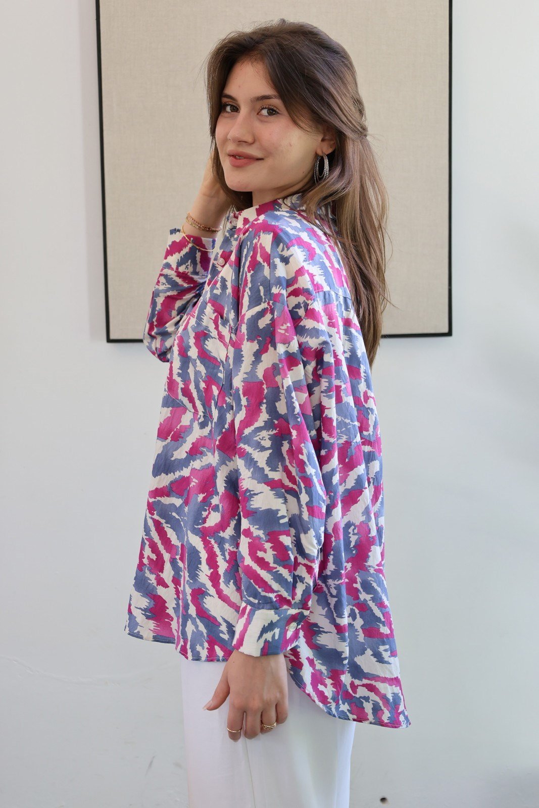 Batik Desen Tiril Kumaş Oversize Gömlek - Fuşya