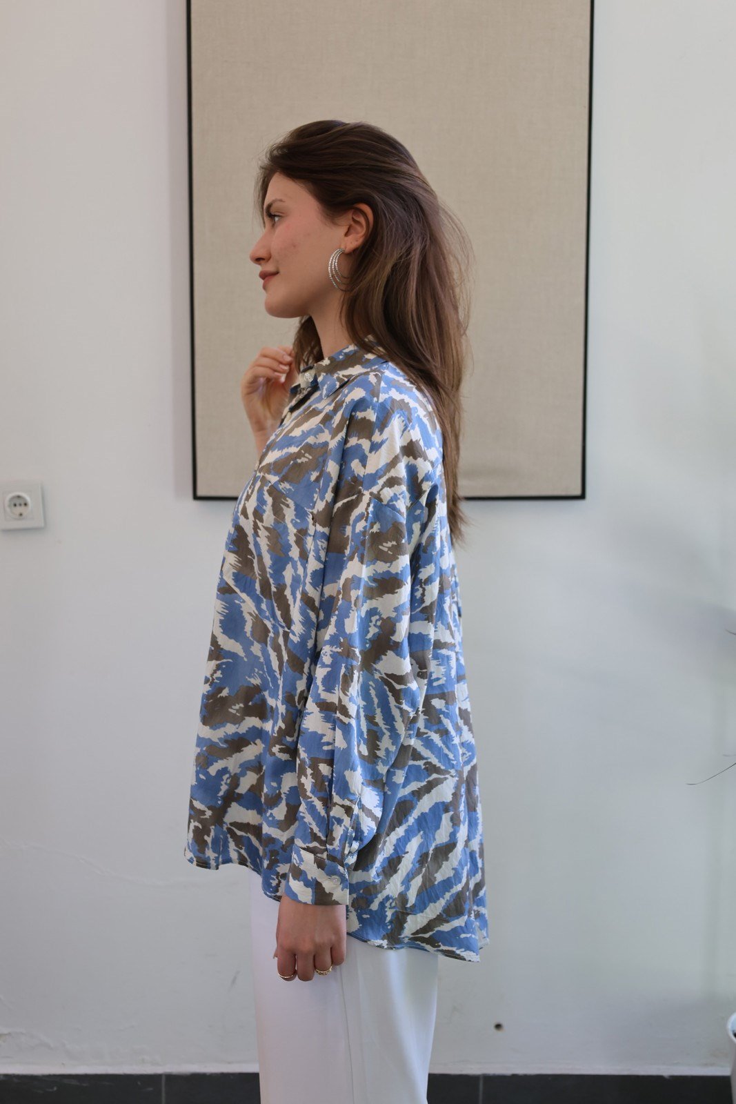 Batik Desen Tiril Kumaş Oversize Gömlek - Mavi