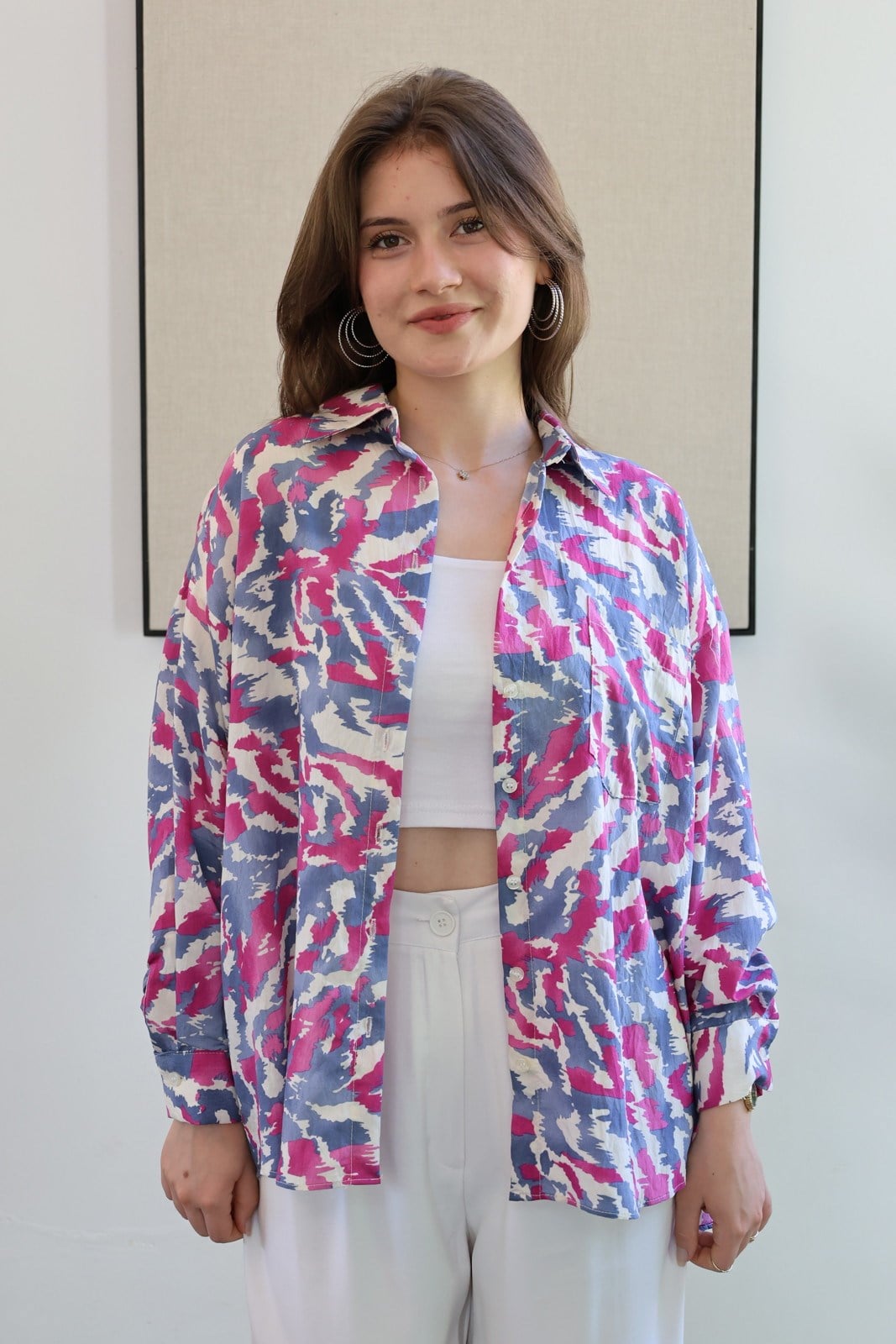 Batik Desen Tiril Kumaş Oversize Gömlek - Fuşya