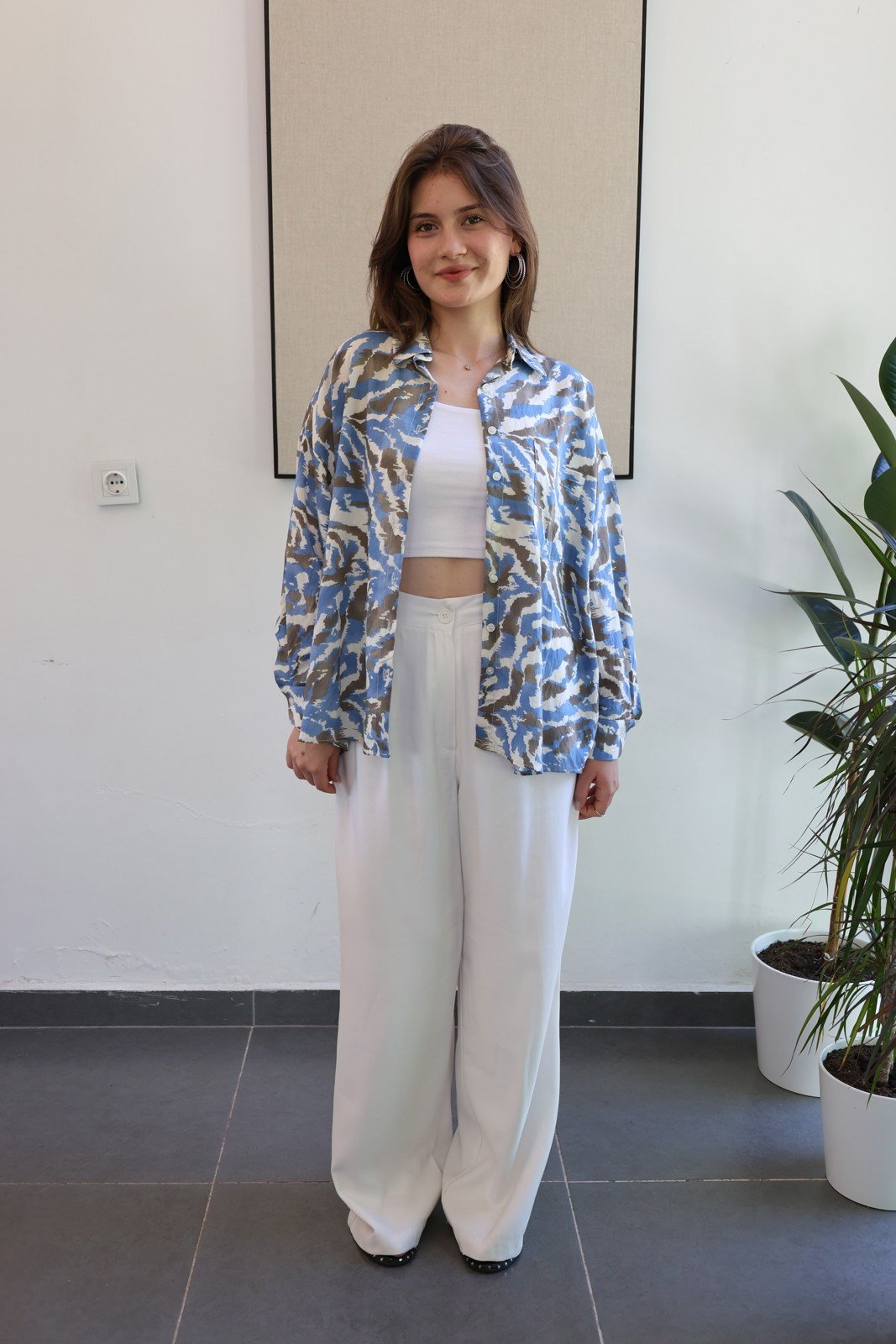 Batik Desen Tiril Kumaş Oversize Gömlek - Mavi