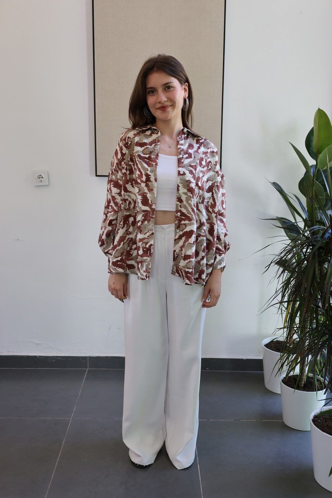 Batik Desen Tiril Kumaş Oversize Gömlek - Kahve