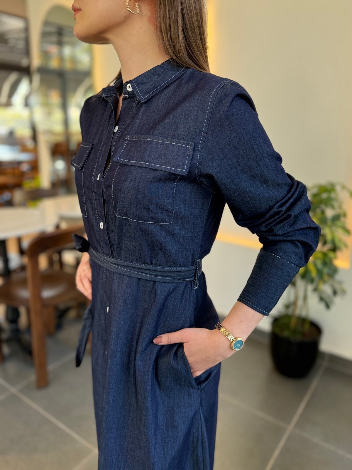 Boydan Düğmeli  Kuşaklı Cotton Elbise
