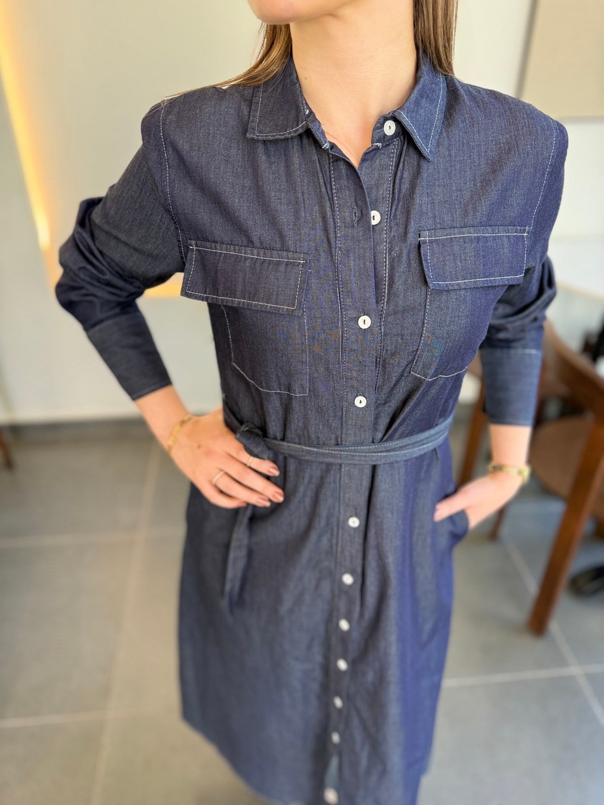 Boydan Düğmeli  Kuşaklı Cotton Elbise