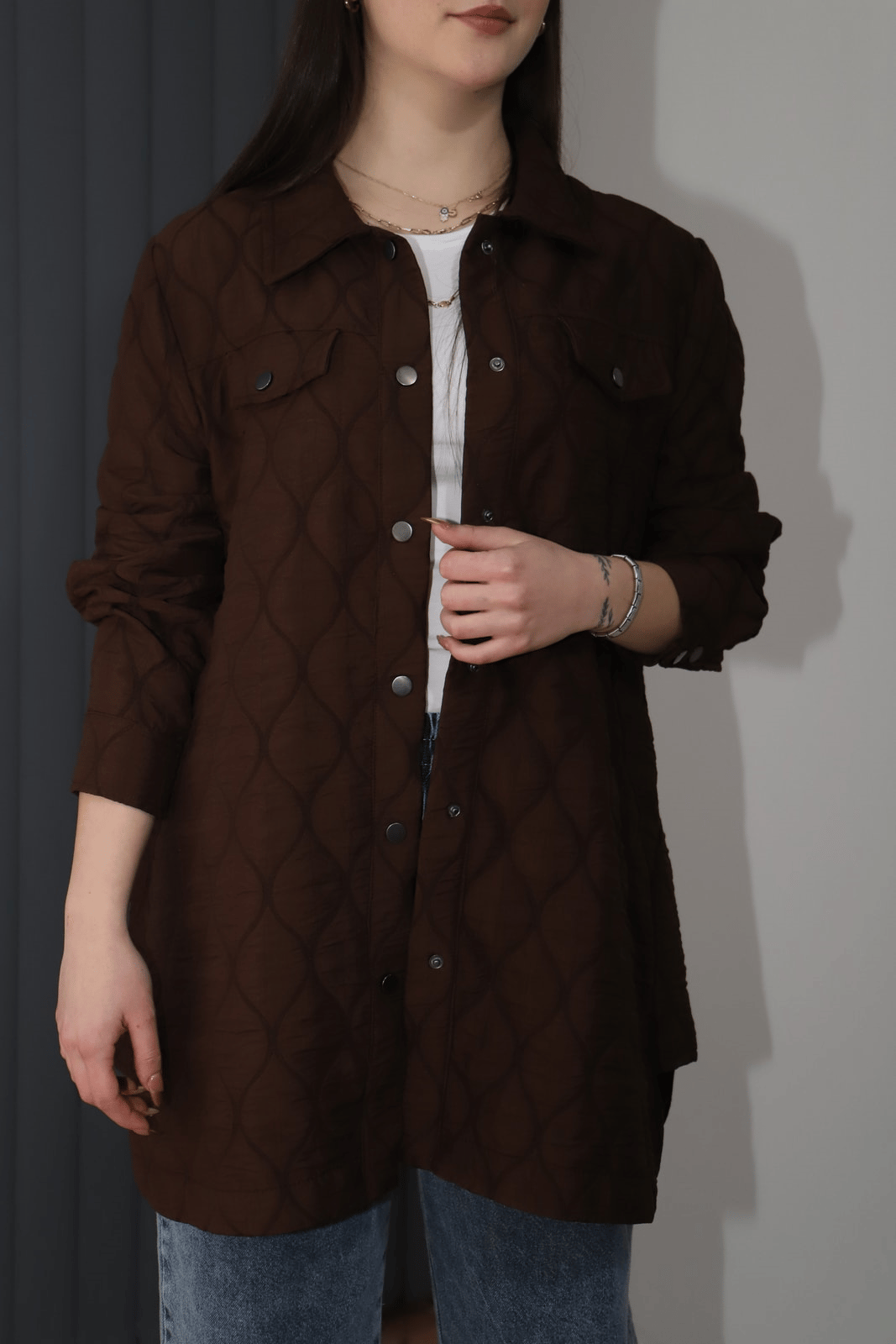 Çıtçıtlı Kapitone Tunik - Kahve