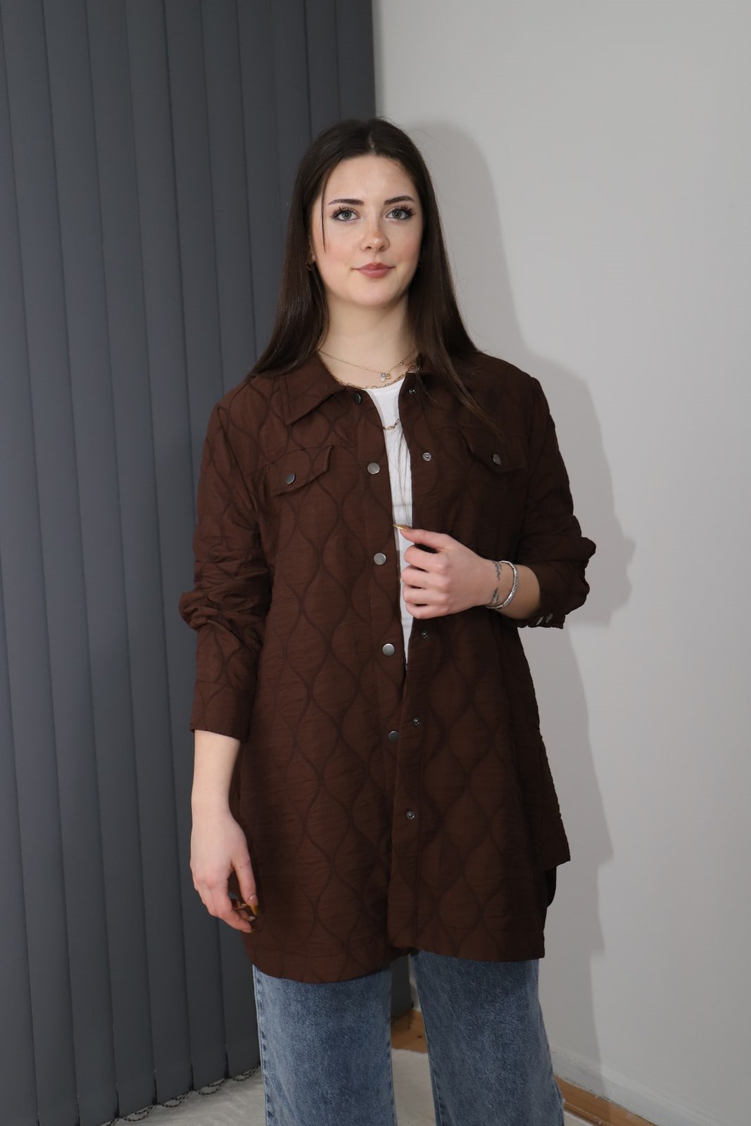 Çıtçıtlı Kapitone Tunik - Kahve