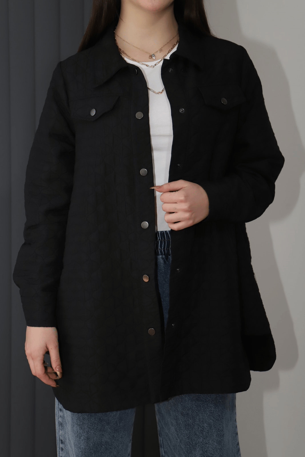 Çıtçıtlı Kapitone Tunik - Siyah