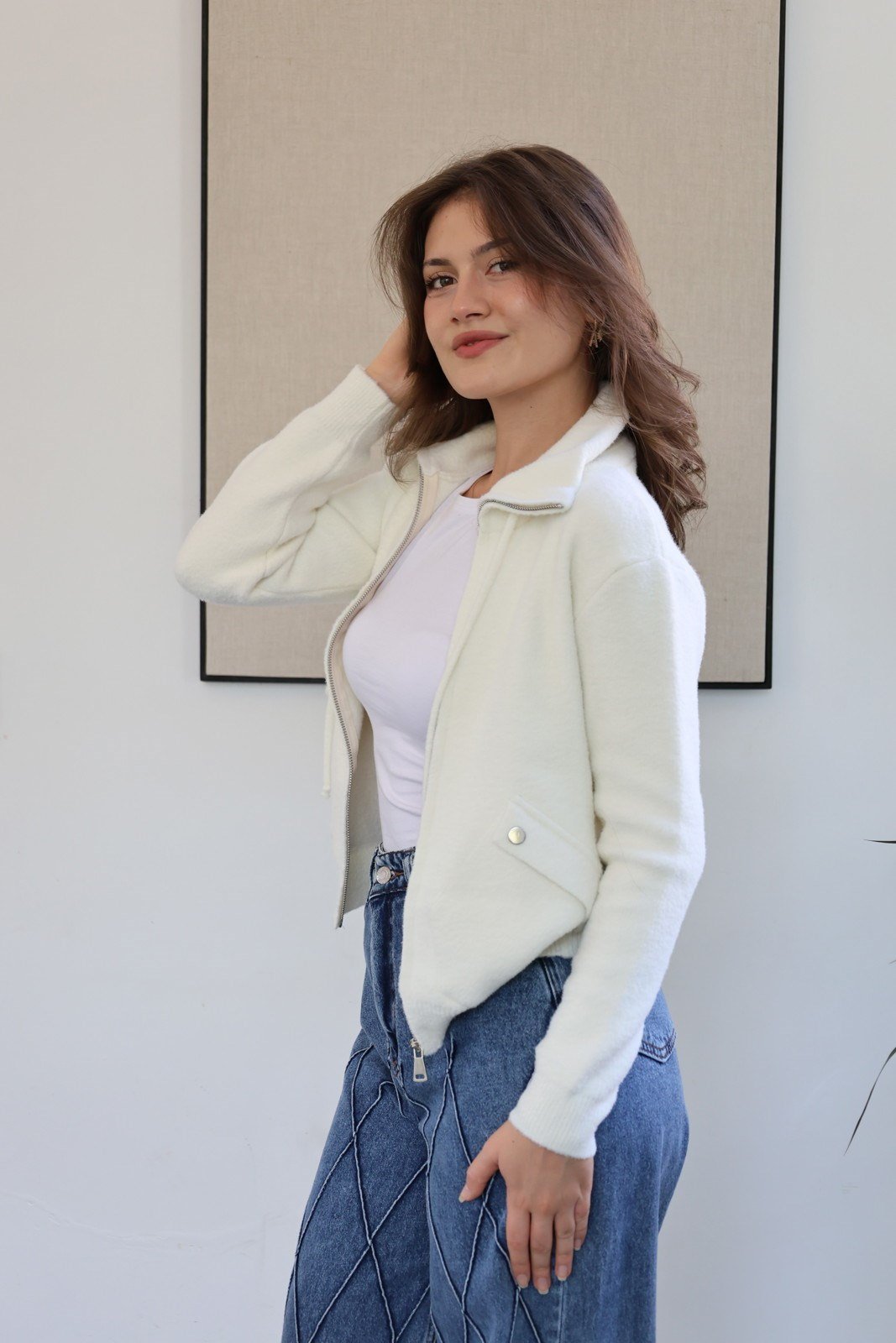 Dik Yaka Çapraz Cep Yumoş Ceket
