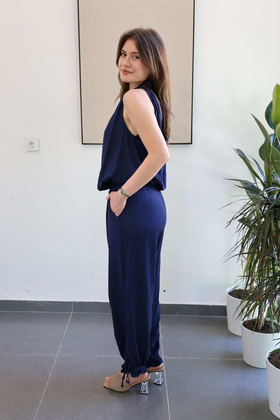 Halter Yaka Boncuk Detaylı Tasarım Takım - Lacivert