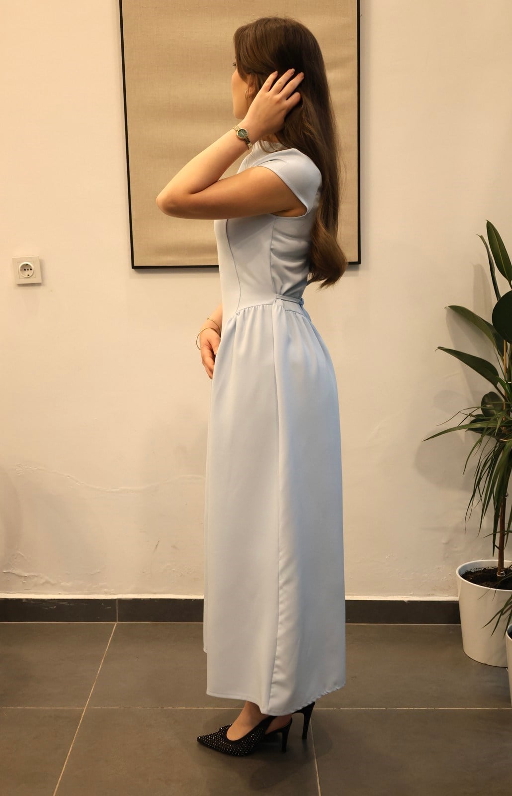 İp Bağlama Detaylı Uzun Elbise - Bebe Mavi