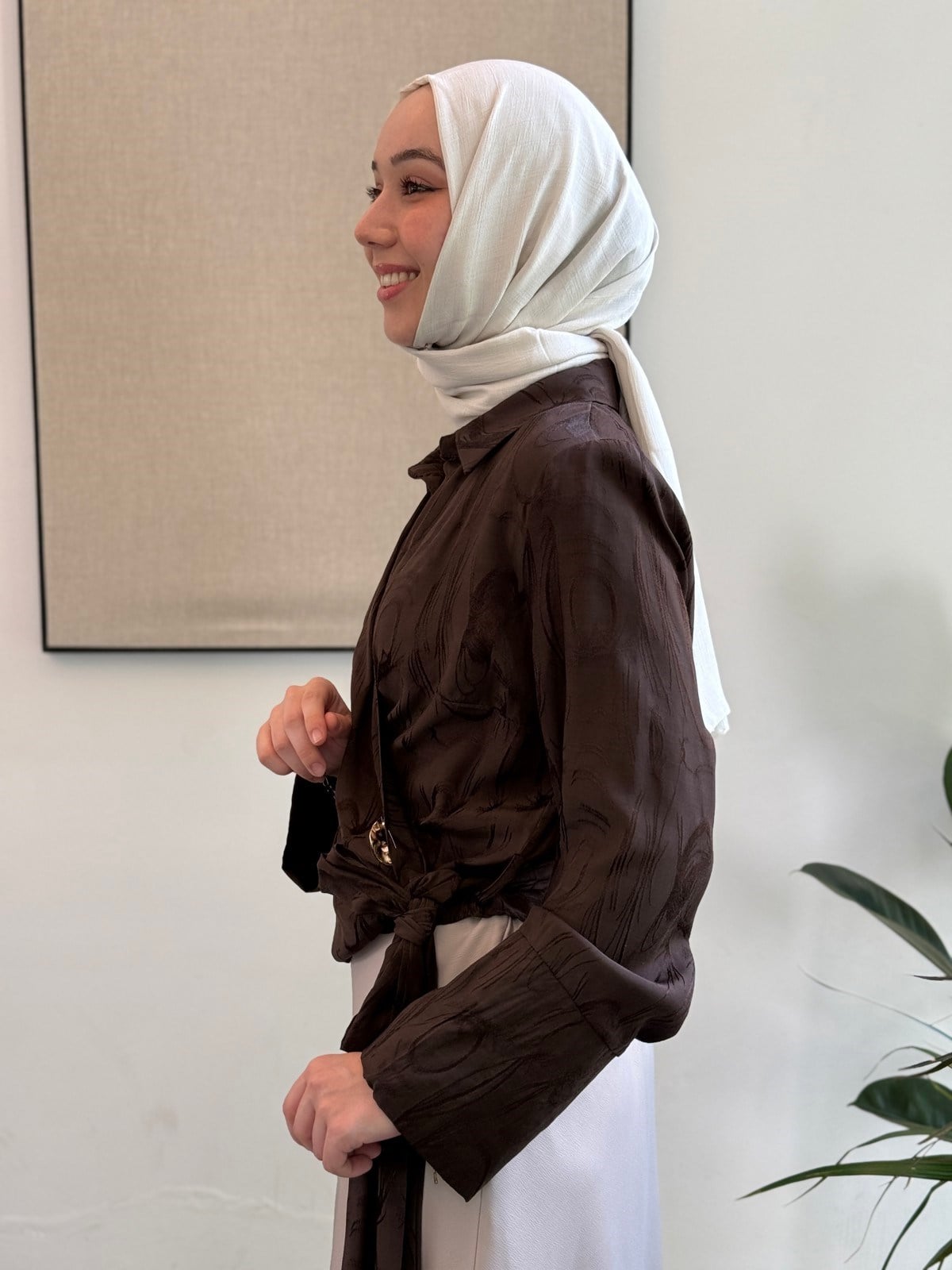 Jakar Saten Bağlama Detay Bluz - Kahve