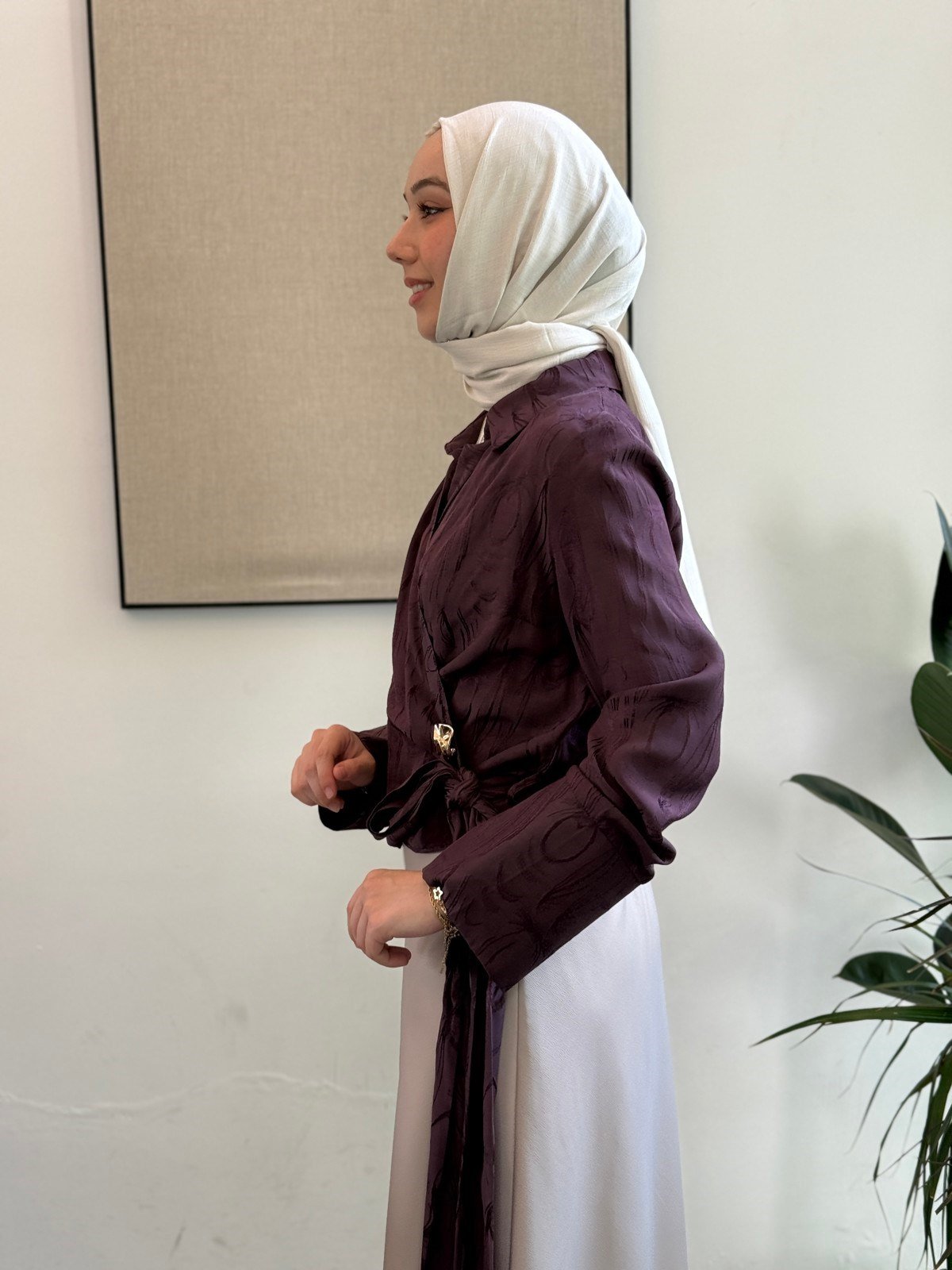 Jakar Saten Bağlama Detay Bluz - Mürdüm