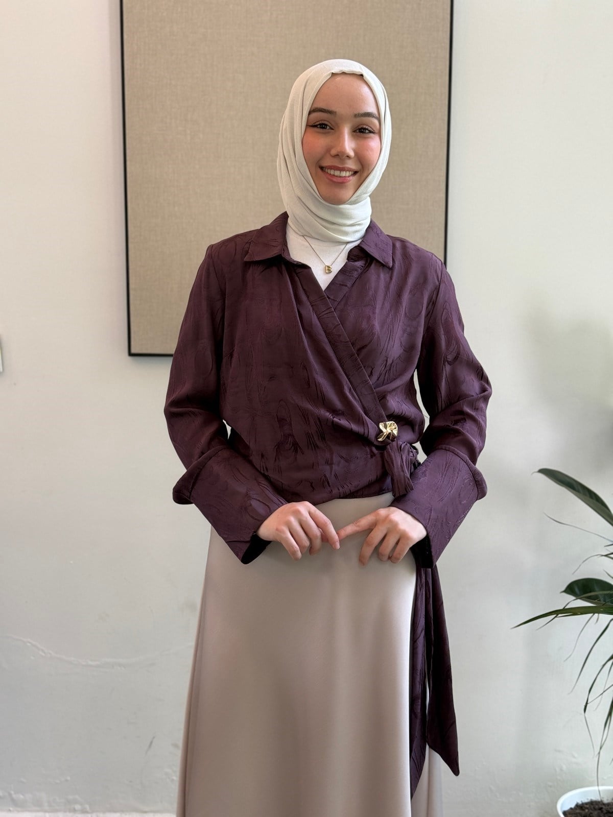 Jakar Saten Bağlama Detay Bluz - Mürdüm