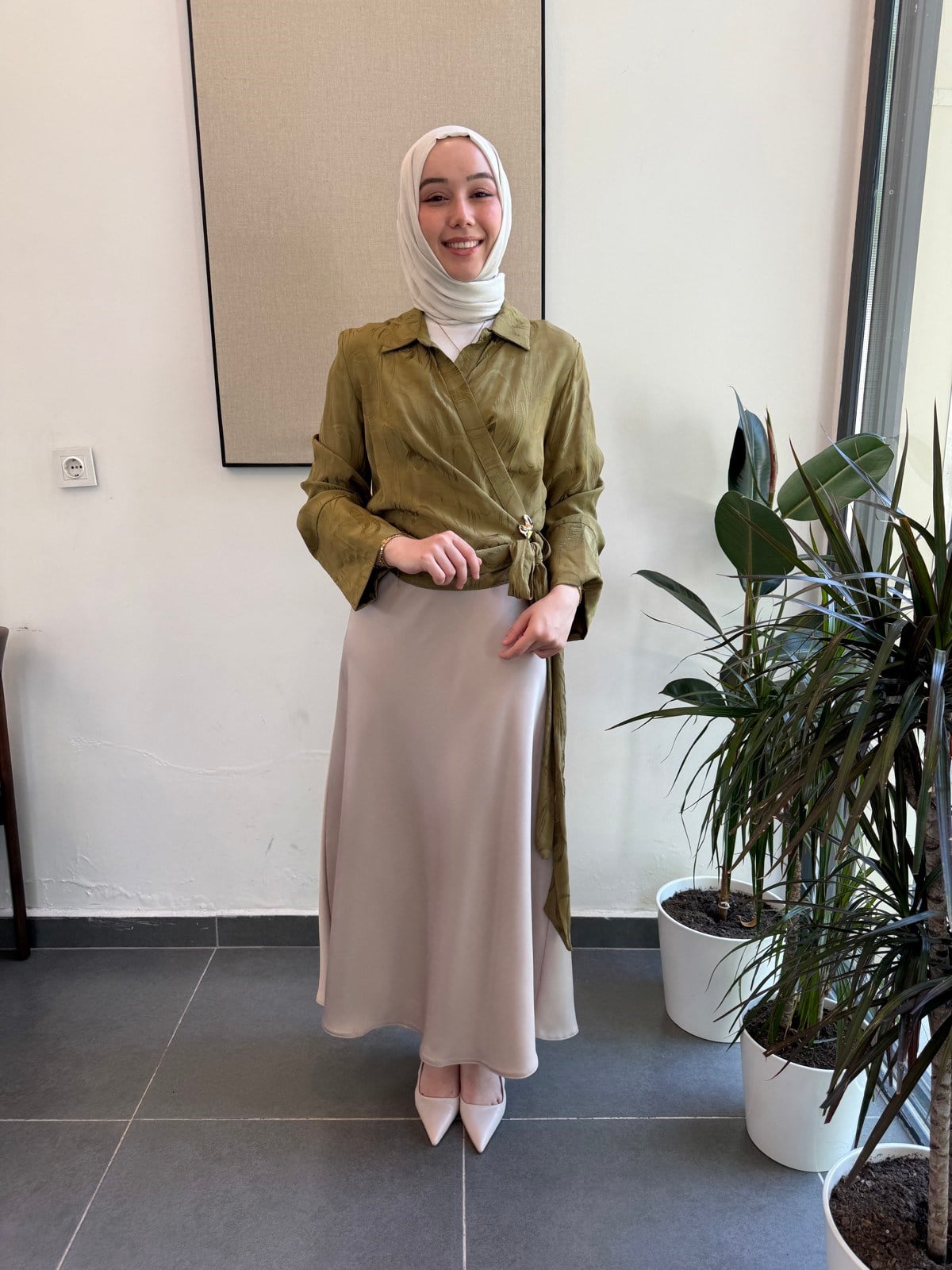 Jakar Saten Bağlama Detay Bluz - Yeşil